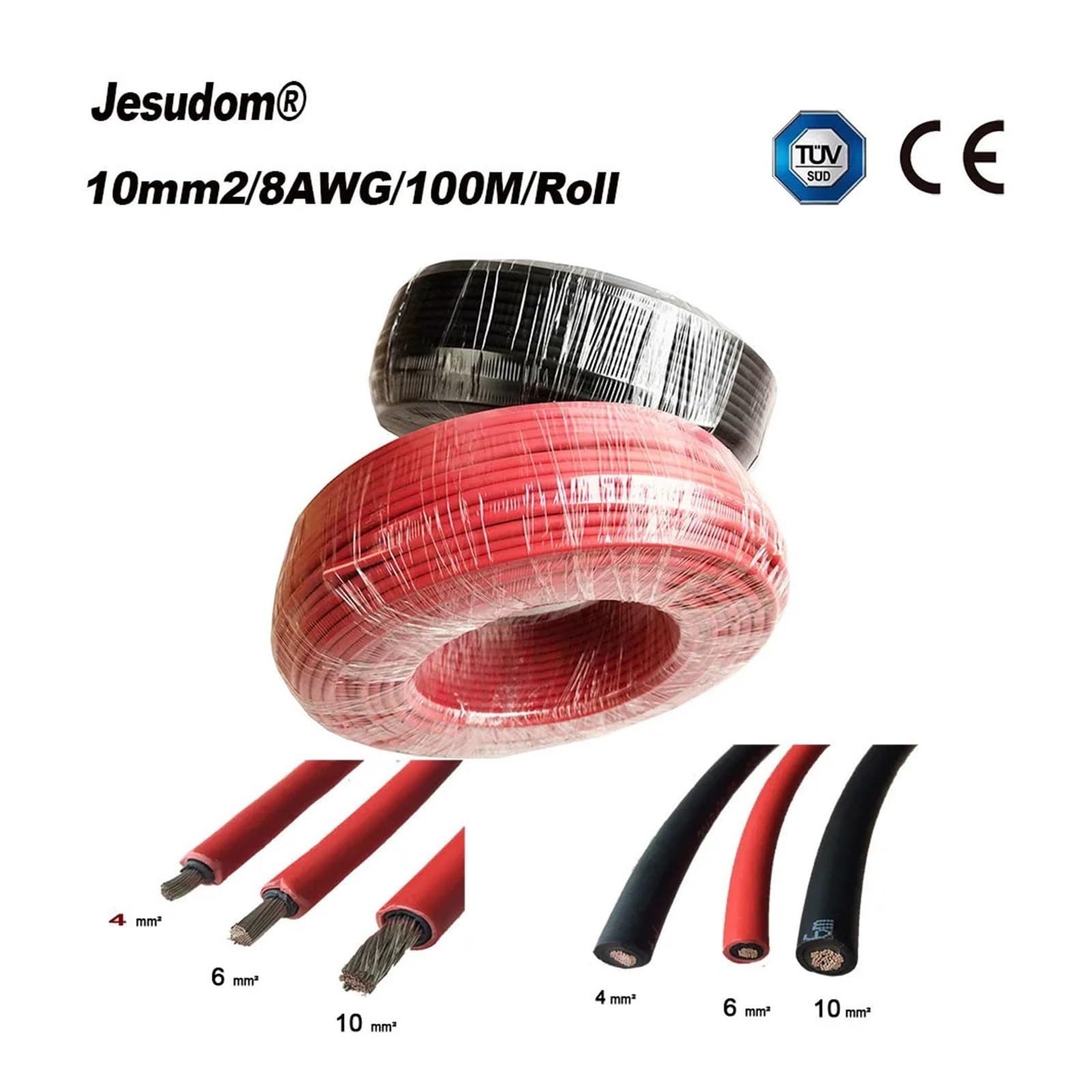 Cable fotovoltaico Cable Solar de 100 Metros, 8 AWG, 10 mm², Rojo, Negro, fotovoltaico, for Conexiones de Paneles solares(50M Red and Black)