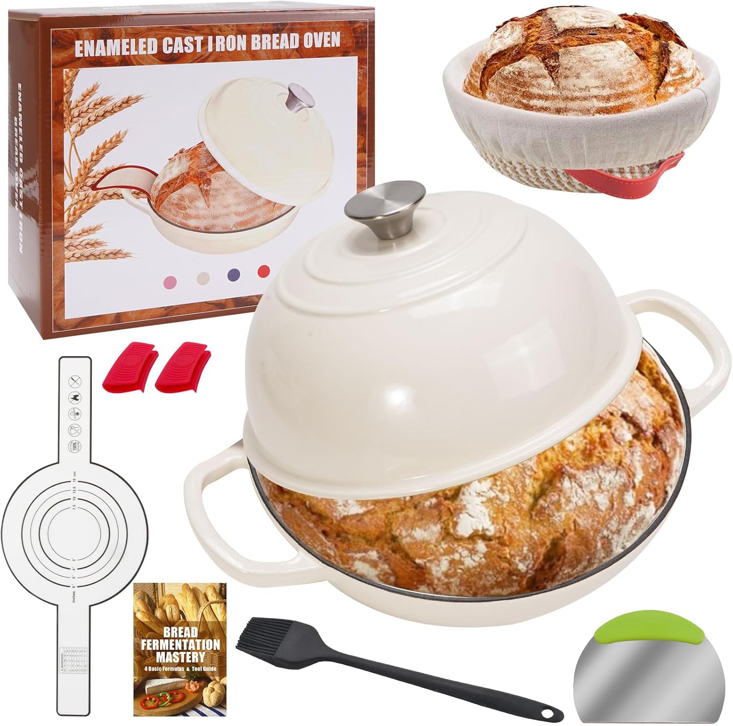 6QT Enameled Cast Iron Dutch Oven for Bread Baking – Sourdough Starter Kit with Cotton Basket, Bread Sling, Lame, Brush & Handle Cover – Multi-Purpose Pot for Baking, Frying, Braising – White