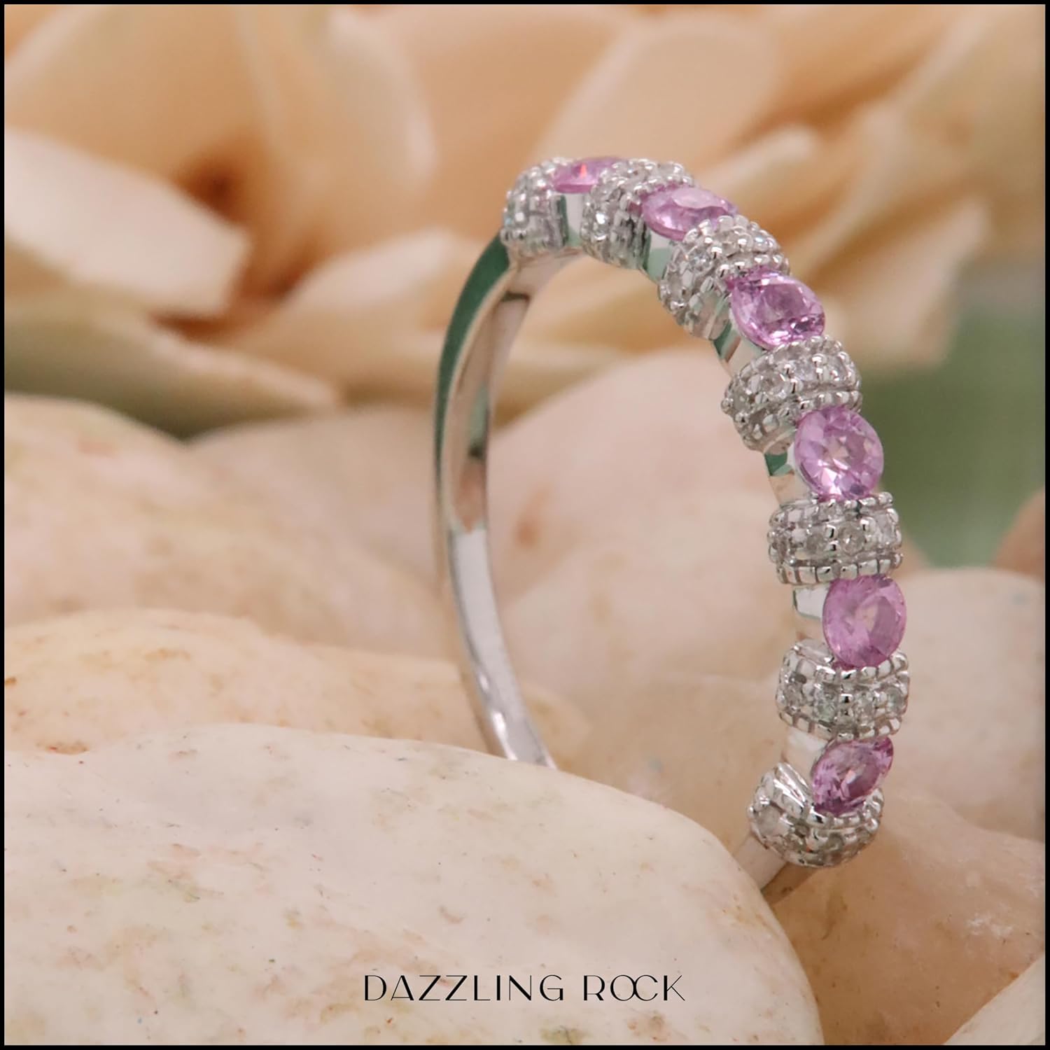 Dazzlingrock Collection 14K Solid Gold Round Pink Sapphire and White Diamond Womens Bridal Wedding Anniversary Band