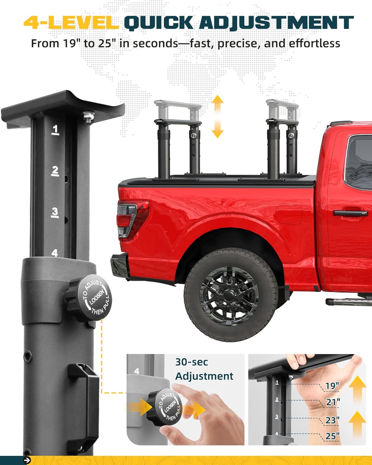 Ladder Rack for Truck with T-Slot Tonneau Covers, 800 LBS Capacity Truck Bed Rack, 19"-25" Height-Adjustable Aluminum Truck Ladder Racks, Fit for Ford F150/Ram 1500/Chevy Silverado/Sierra