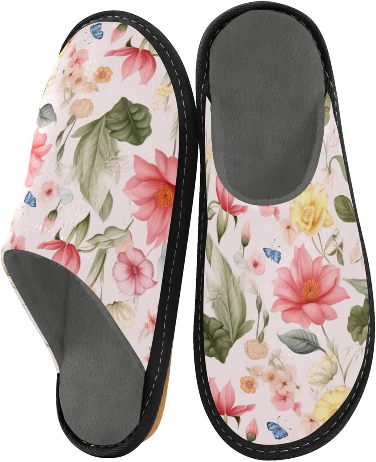 Floral Garden Flower Butterfly House Slippers – Cozy Fuzzy Slippers for Guests, Washable & Disposable, Perfect for Shoeless Home, Spa & Hotel Use A110238