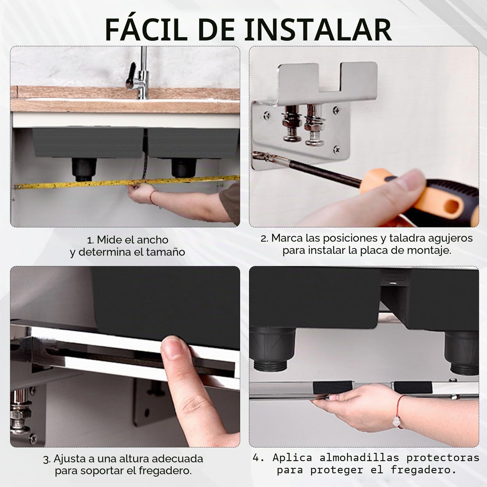 Juego de 2 soportes para fregadero bajo encimera, ajustables, soporte lateral sin costura, kit de montaje de acero inoxidable para distribución del peso, apto para fregaderos pesados y baño (51-80cm)