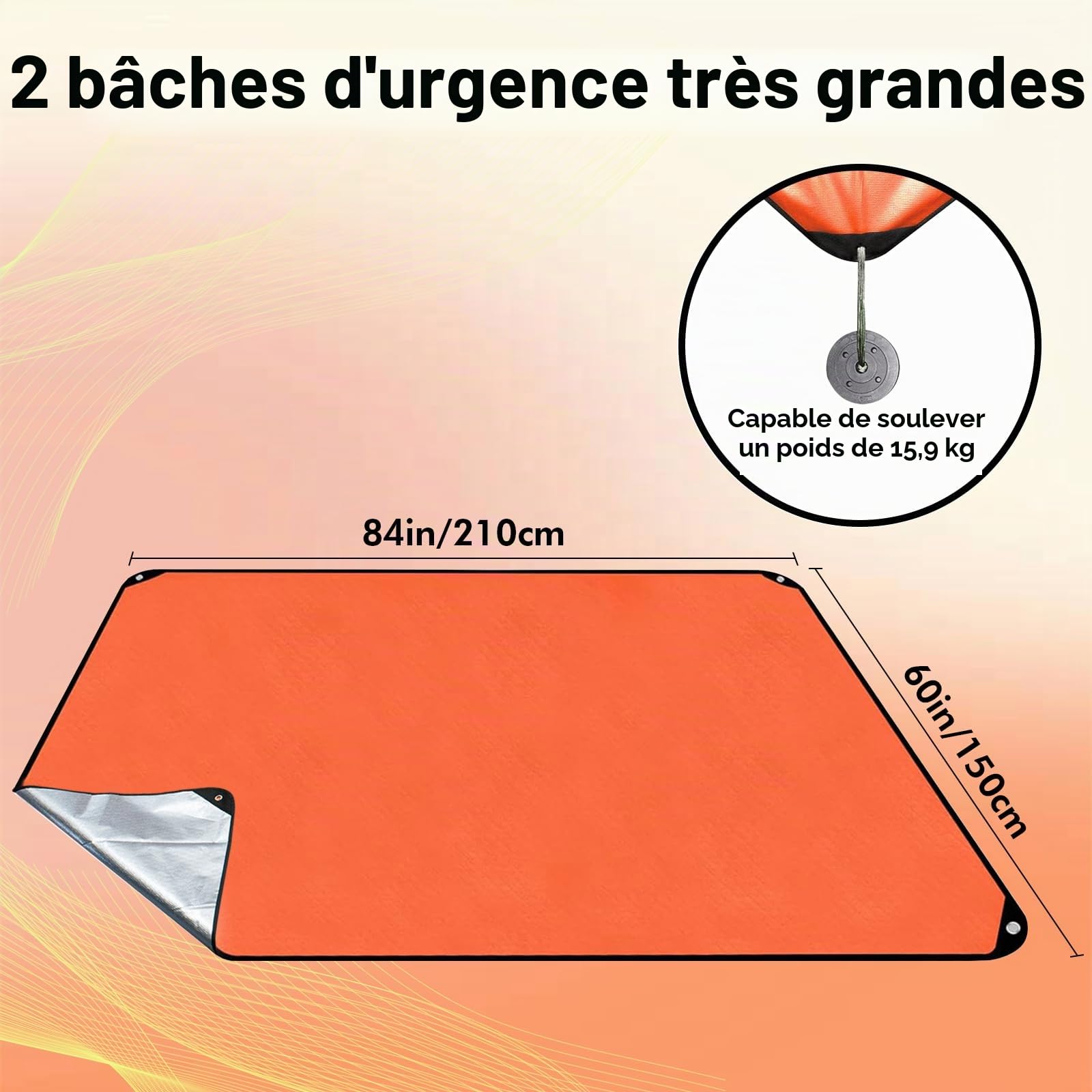 Lot de 2 couvertures de Survie améliorées – Bâche Thermique réfléchissante – Couverture d'urgence réutilisable pour Voiture ou Camping – 152,4 x 208,3 cm – Orange