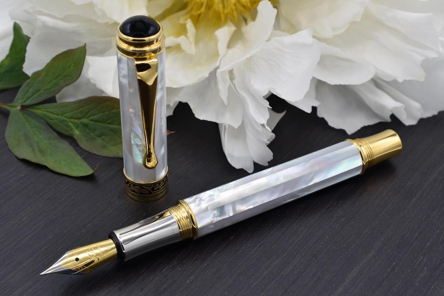 Xezo Maestro Fountain Pen, Fine Nib. Oceanic Origin White Mother of Pearl with 18 Karat Gold and Pure Platinum Plating. Handcrafted, Limited Edition, Serialized