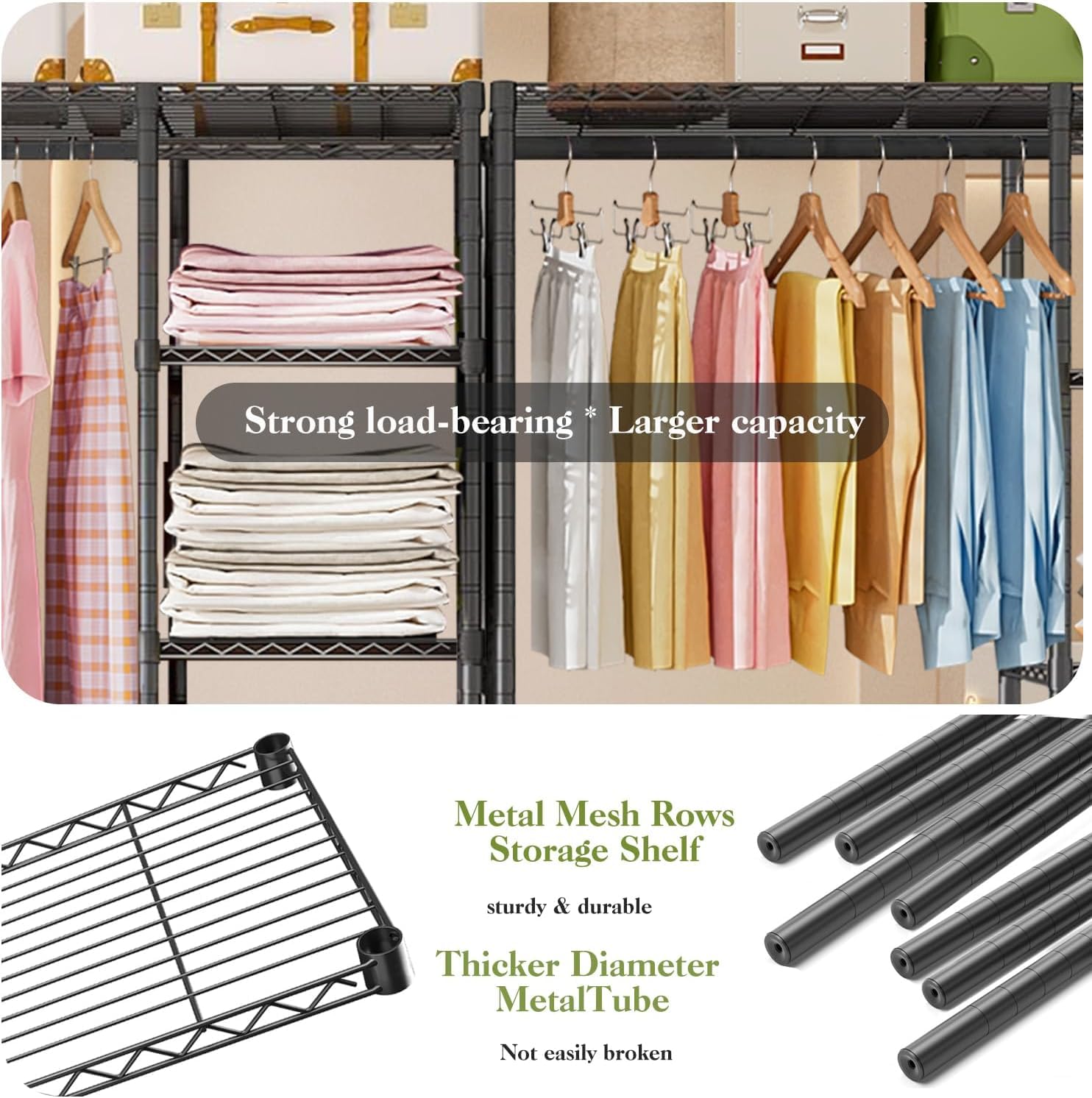 Armario Abierto Perchero con estantes Armario Abierto de alambre para ropa 6 niveles Vestidor de metal resistente para colgar ropa, 44.9 "L x 15.74 "W x 70.9 "H, Carga máxima 560LBS, Negro