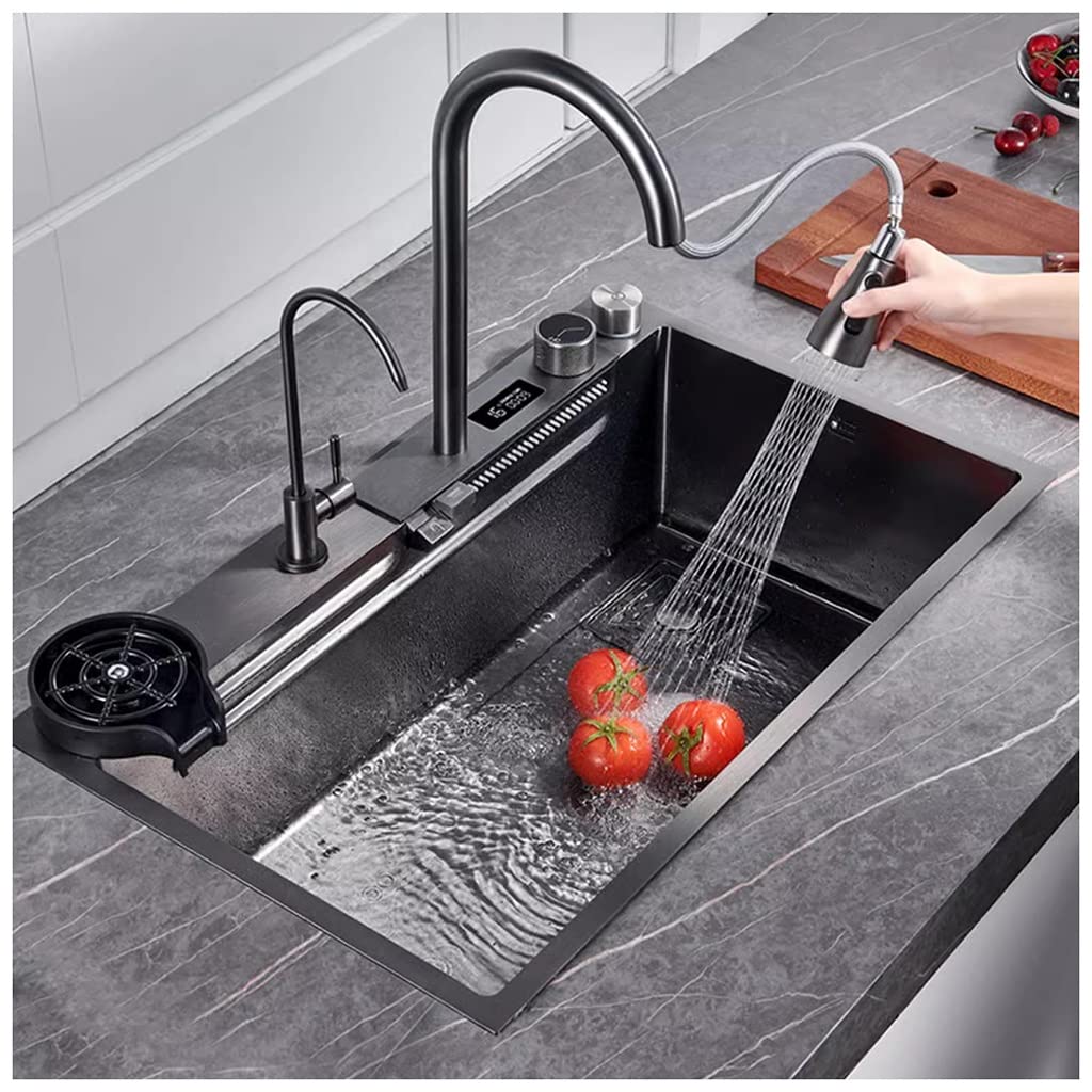 WIQUYBML Stainless Steel Single-Bowl Kitchen Workstation Sink Bar Prep Waterfall Multifunctional Farmhouse Pull-Down Faucet And Complete Accessory Set (Size : 80x46x21cm)