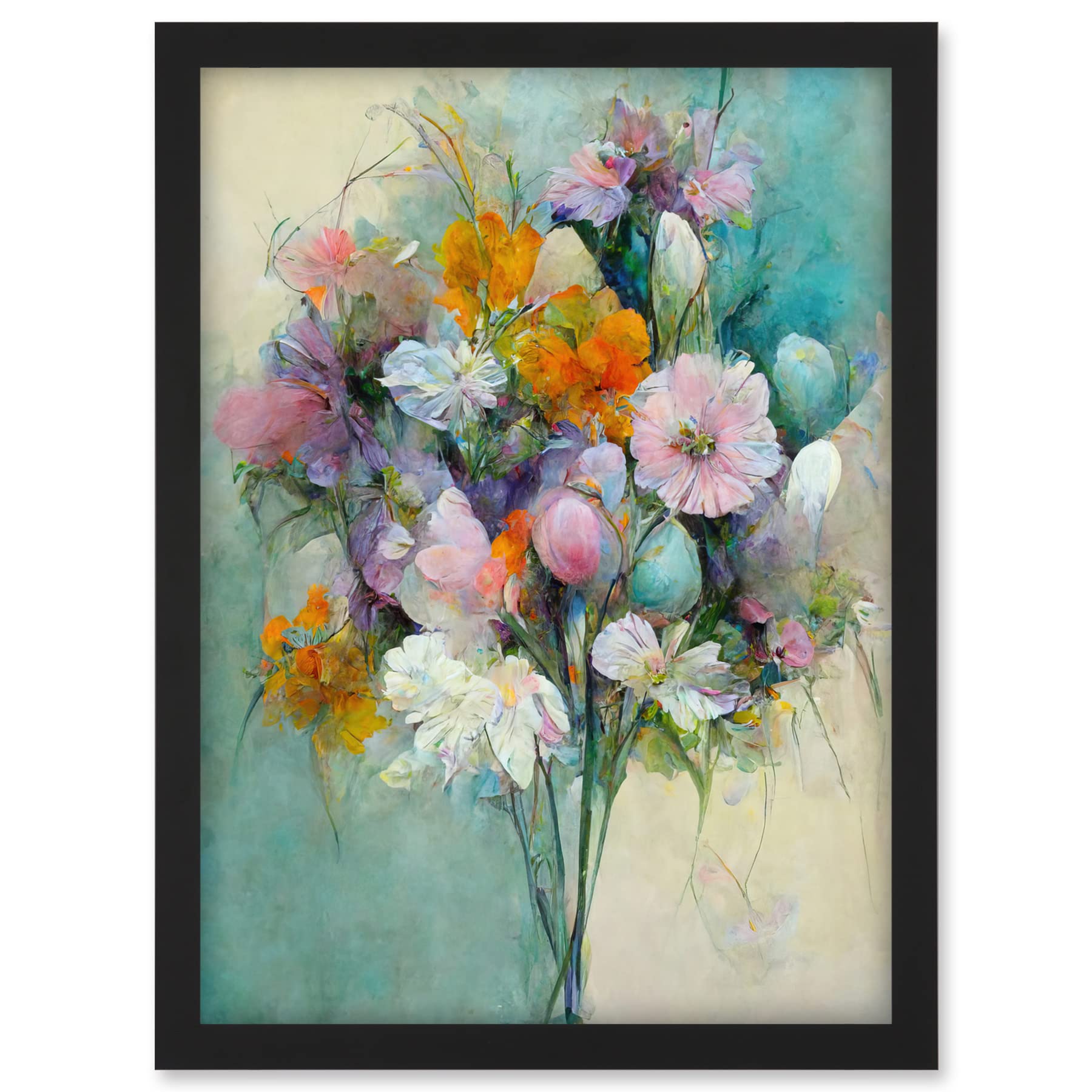 Doppelganger33 LTD Watercolour Pink Orange And Teal Spring Flower Bouquet Illustration Artwork Framed A3 Wall Art Print