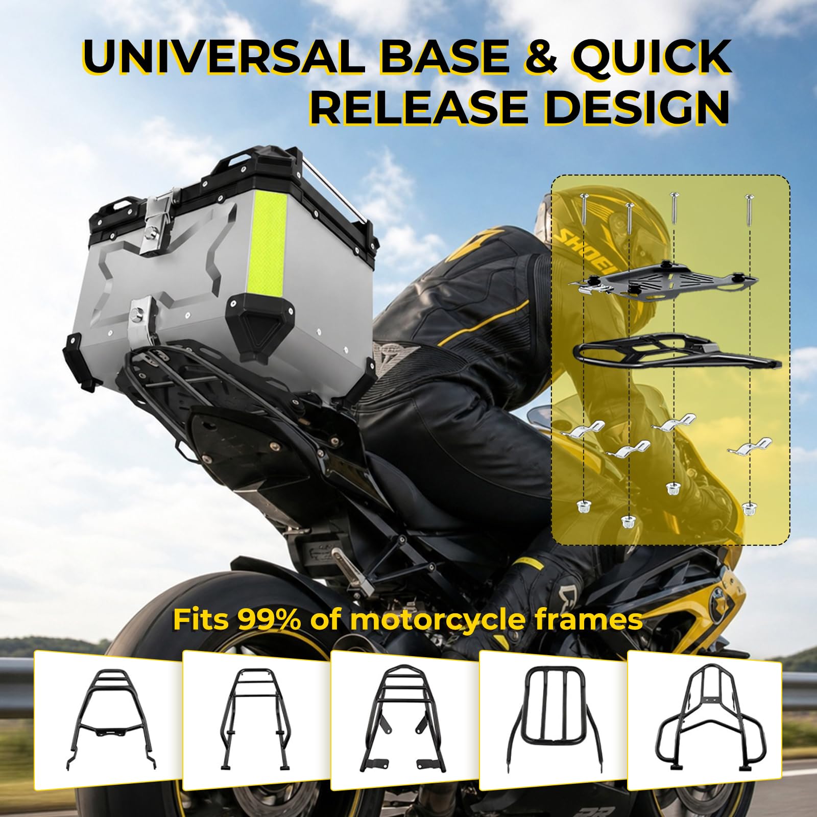 Baúl para motocicleta de aluminio de 45 L, 45 litros, maletín trasero impermeable universal, cierre rápido con cerradura, acolchado para la espalda, forro interior, caja trasera Enduro
