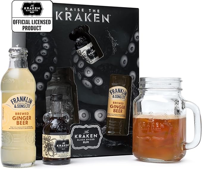 Kraken Spiced Rum Gift Set Kraken Black Spiced Rum 50ml, Kraken Rum Glass and Premium Ginger