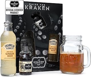 The Kraken Spiced Rum Gift Set - 5cl Official Kraken Rum Black Spiced, Mason Jar Rum Glass & Premium Franklin & Sons Ginger Beer 200ml - Cocktail Rum Gifts for Men, Alcohol Gifts for Women, Christmas