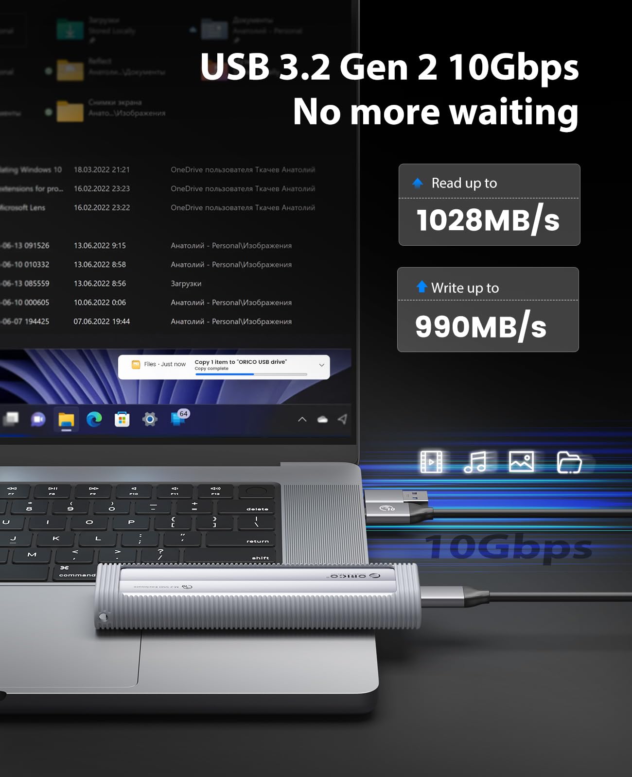 ORICO Case SSD M2 NVMe Senza Attrezzi, USB 3.2 10Gbps Adattatore SSD M2 NVMe USB con Protezione in Silicone e Cordino, Alluminio NVMe Case per SSD NVMe PCIe M-Key in 2230/2242/2260/2280 -AXM2