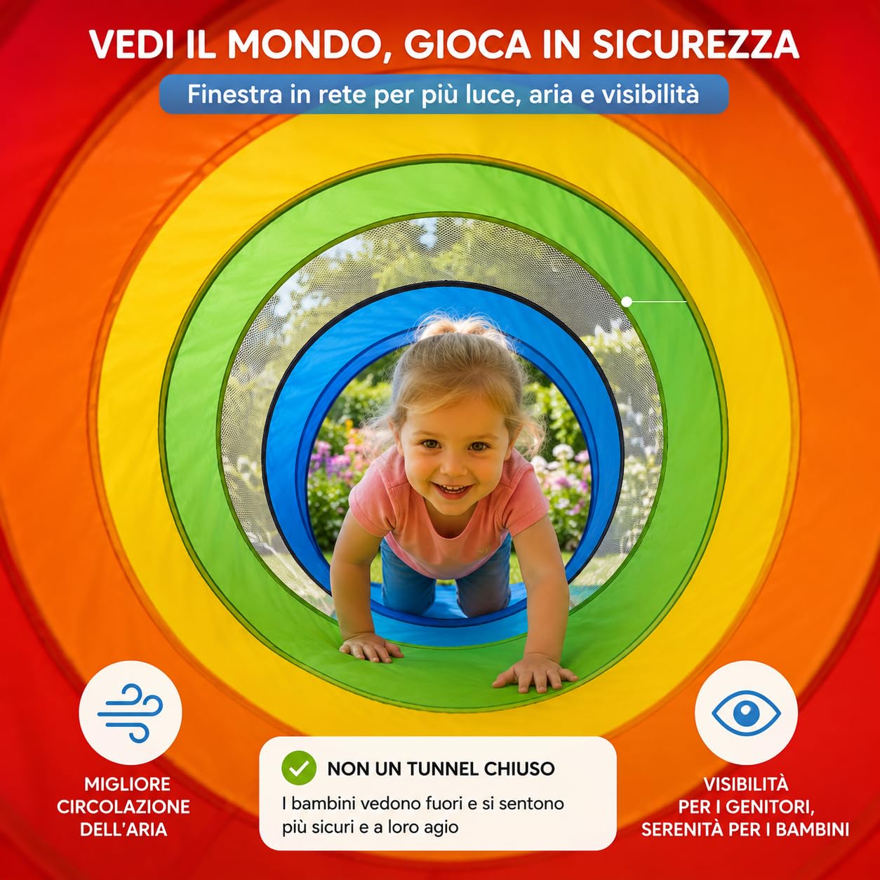 TUNSY Tunnel Strisciare per Bambini, Tessuto Traspirante e Resistente con Inserti in Rete, 180x45x45 cm, Arcobaleno, Leggero e Pieghevole, Montaggio Senza Attrezzi