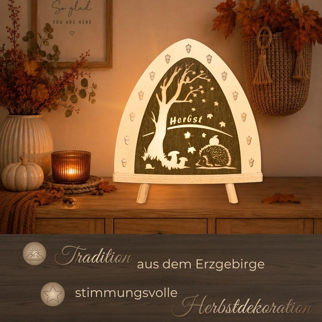 weigla - Dekoleuchte original Erzgebirge I Motiv Herbst I 1 LED Lampe I 0,8 W, E14 I Herbstdeko innen I Herbstbeleuchtung aus Holz I Fensterdeko