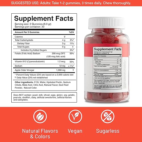 Miniatura 3 de Gomitas de vinagre de sidra de manzana, 60 gomitas  Apoya la digestión saludable, gomitas de vitaminas, gomitas ACV, sin azúcar añadido y sin