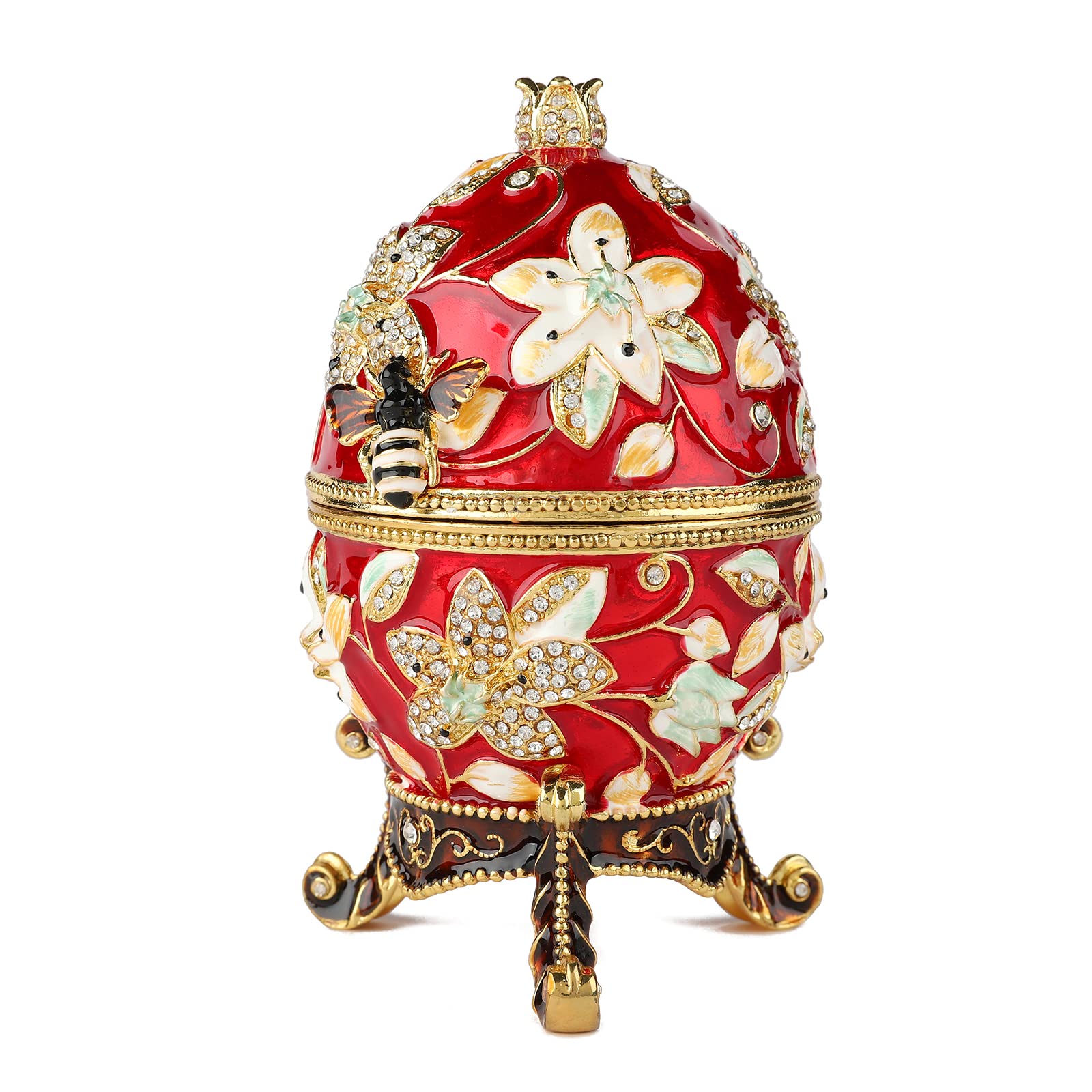 QIFU Red 5.7” Easter Egg Replics Hand Painted Enameled Jewerly Trinket Box Hinged Unique Gift for Home Decor