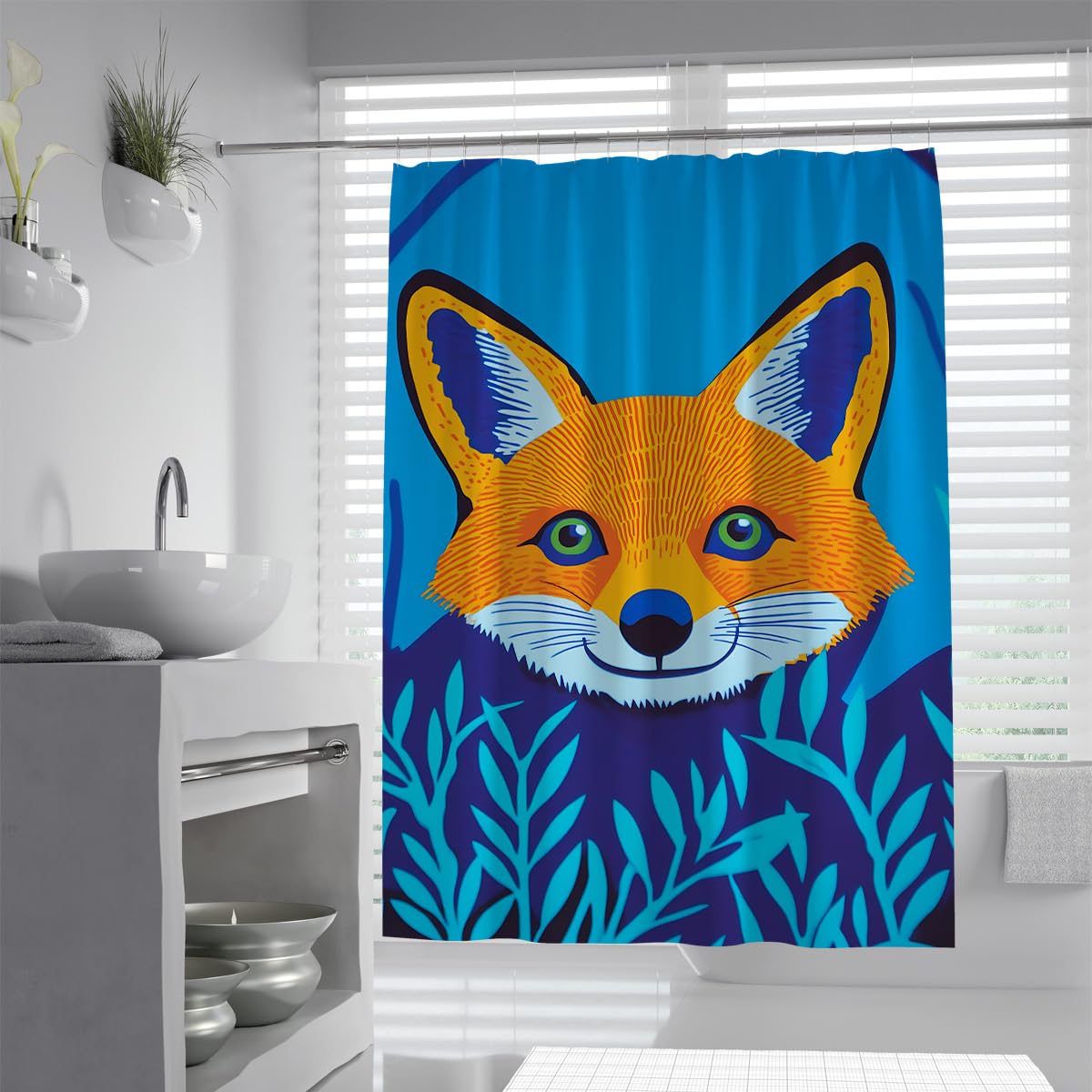 UIRINGART Cute Fox Shower Curtain W100xL200cm Quick Dry Mold Resistant Blue Orange Wild Animal Art Fabric Bathroom Screen Rustproof Grommets Tub Liners Spa