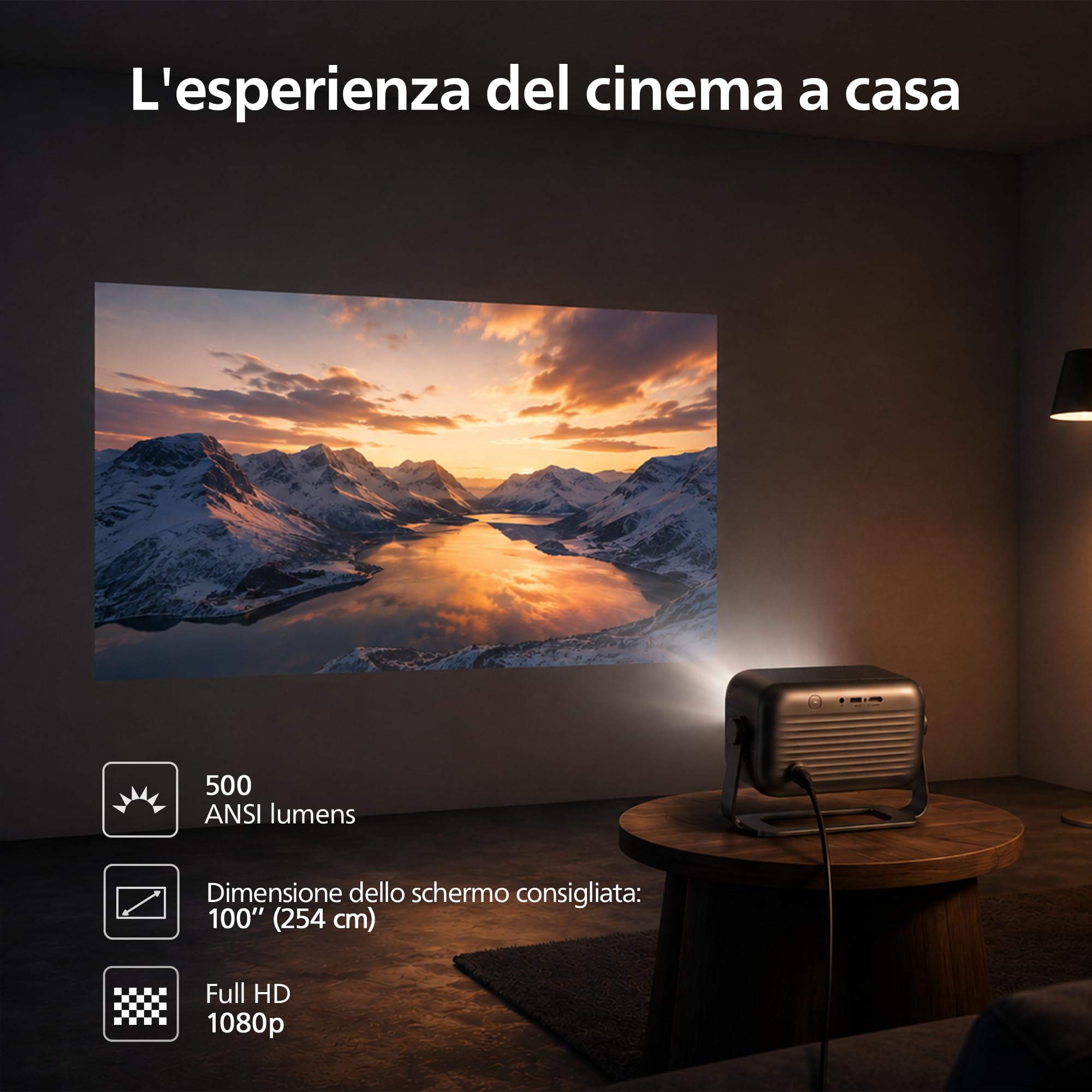 Philips NeoPix 460 Smart, proiettore LCD LED, Full HD 1080p, 500ANSI lumen, schermo 100", Google TV, Wi-FI, Bluetooth, HDMI, USB-A, autofocus, Keystone Auto, rotazione 180°.