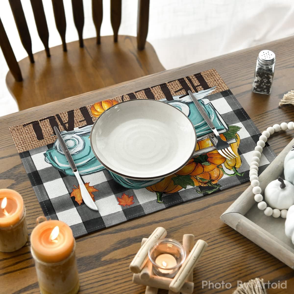 Artoid Mode Buffalo Plaid Truck Hello Fall Placemats Set of 6, 12x18 Inch Seasonal Autumn Table Mats for Party Kitchen Dining Decoration