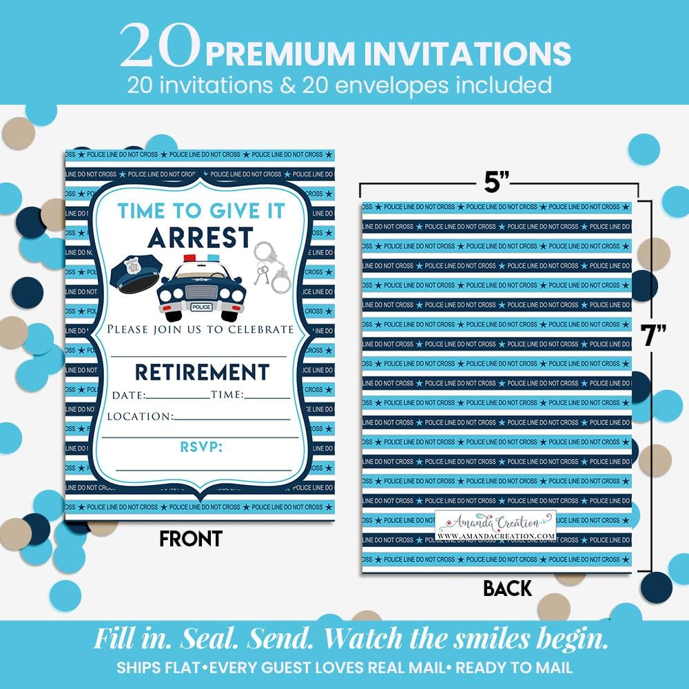 Police Retirement Party 20 Invitations 5"x7" Double-Sided Fill-In Cards with Envelopes, Law Enforcement Stationery Set, Bold Police Car Handcuffs Do Not Cross Theme, Made in USA by Amanda Creation