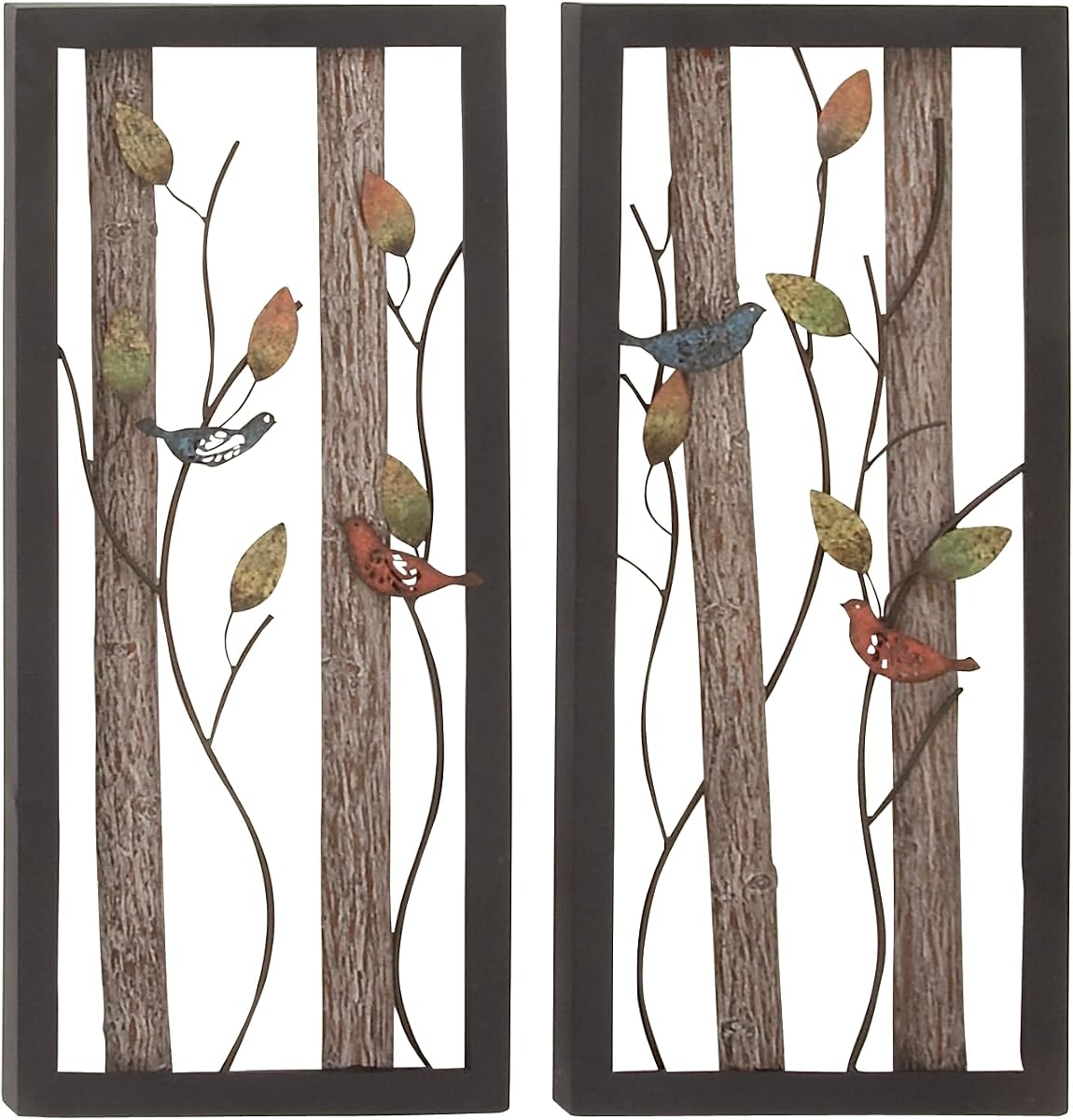 Deco 79 Metal Bird Home Wall Decor Wall Sculpture with Real Wood Detailing, set of 2 Wall Art 16" x 2" x 36", Black