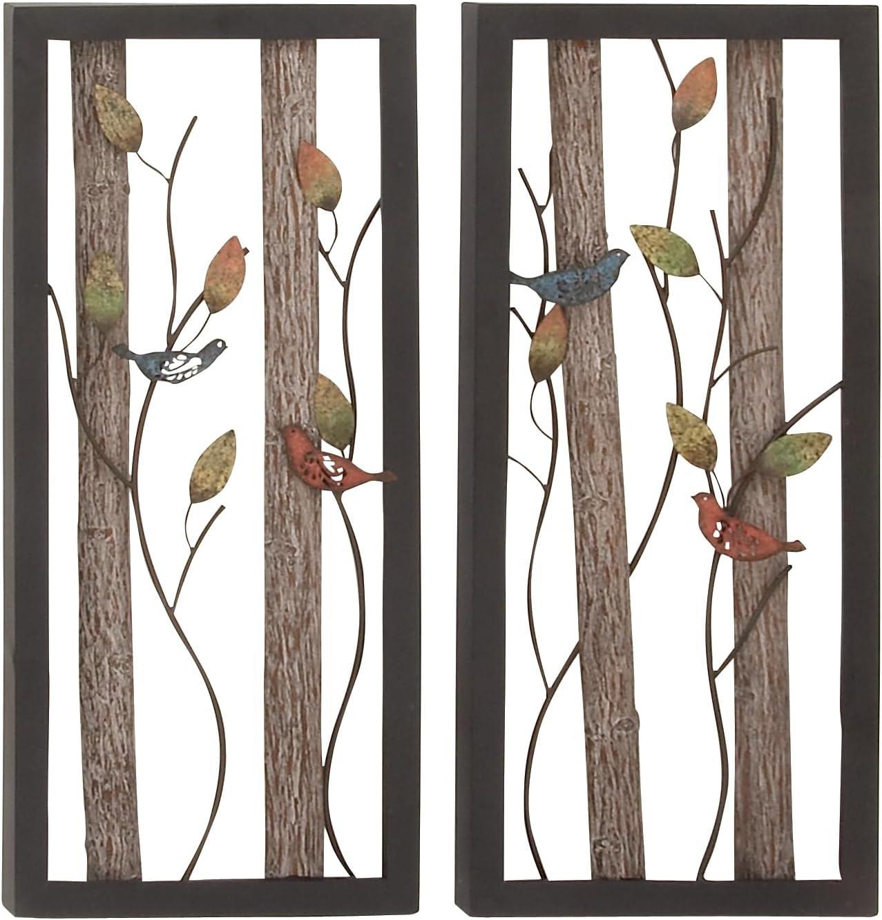 Deco 79 Metal Bird Home Wall Decor Wall Sculpture with Real Wood Detailing, set of 2 Wall Art 16" x 2" x 36", Black