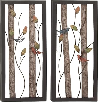 Deco 79 Metal Bird Home Wall Decor Wall Sculpture with Real Wood Detailing, set of 2 Wall Art 16" x 2" x 36", Black