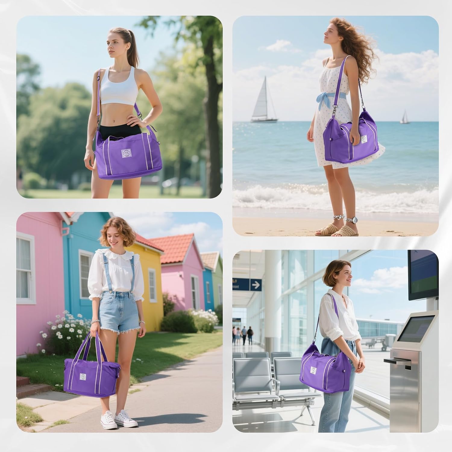 WALNEW Travel Duffel Bag, Weekender Overnight Carry On Bag for Women Men, Foldable Waterproof Gym Luggage Duffle Bag with Metal Buckle Detachable Shoulder Strap and Wet Compartment (Purple)