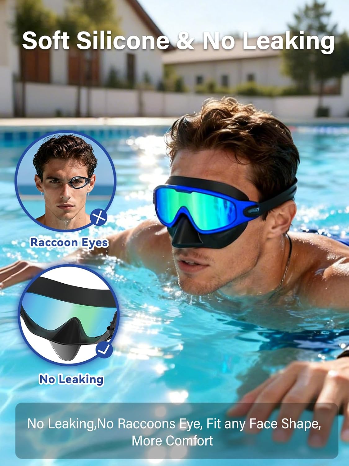 Swim Goggles Adult with Nose Cover for Men Women, 2 Pack Wide View Anti-Fog/UV No Leak Pool Water Swimming Goggles