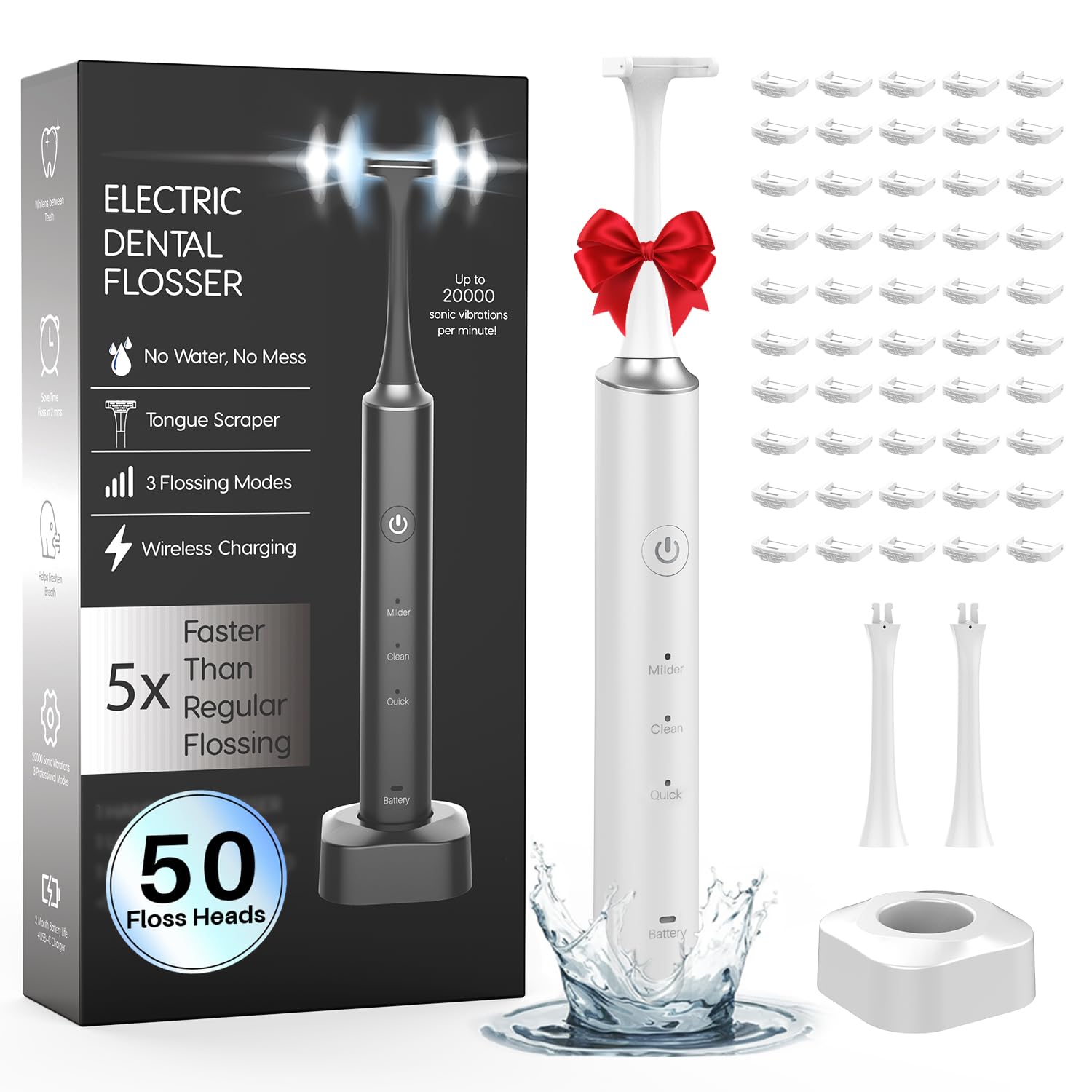 Voraiya Hilo dental eléctrico para dientes, 50 cabezales de repuesto para dientes apretados