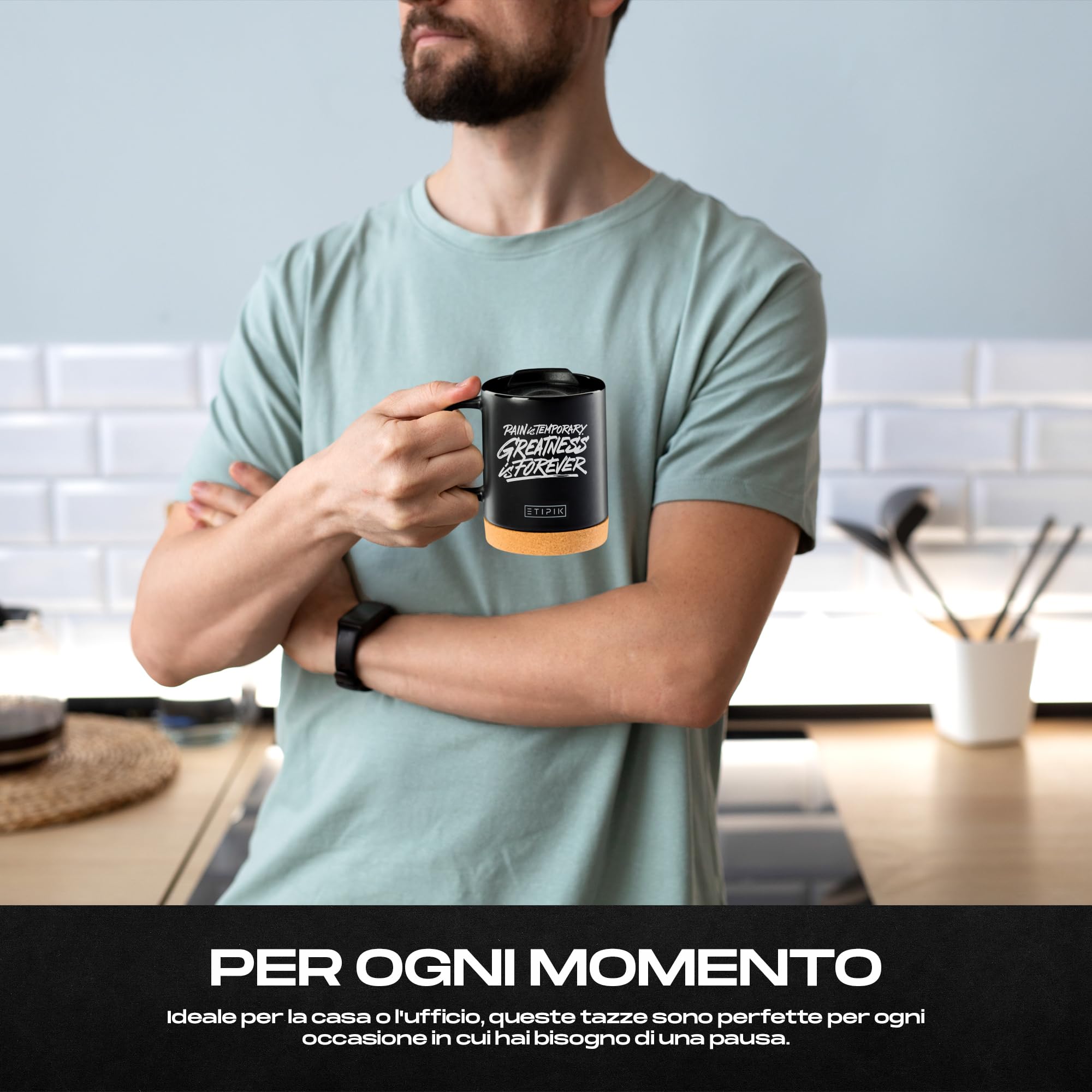 Tazza Motivazionale ETIPIK 44cl In Ceramica Nera Con Coperchio E Base In Sughero - Oslo