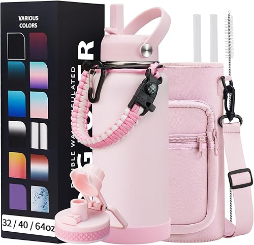 Miniatura 20 de Botella de agua de acero inoxidable aislada al vacío de 40 onzas, mantiene frío 48 h y caliente 24 h, tapa de pajilla y boquilla, funda de Verde