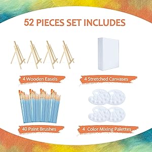 Easel & Canvas Sets 52 Pcs Painting Supplies(4 PCS Easels+4 PCS Canvases+ 40 PCS Brushes+4 PCS Palettes) 16 Inch Tabletop Easel Wooden Art Easel for Kids & Adults/Sip and Paint Party Supplies
