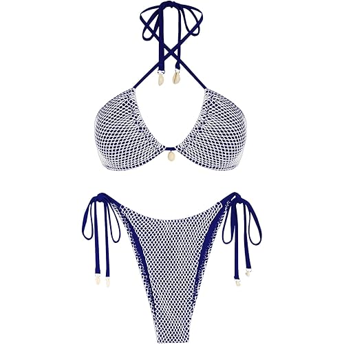 ZAFUL Women's Bikini Set Fishnet Triangle Tie Convertible Collar Halter Bandeau Shell Two Piece Bathing Suit