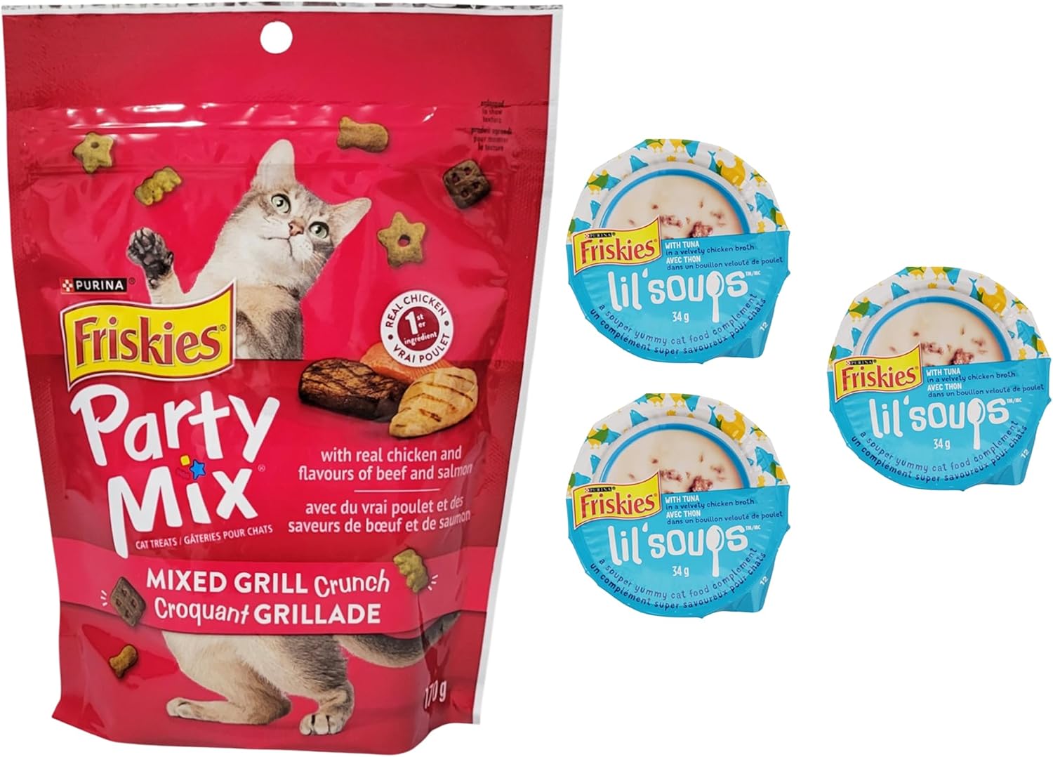 Friskies Party Mix Mixed Grill Crunch 170g & Lil’ Soups Wet Cat Food Soup Broth Complements, Tuna in Velvety Chicken Broth 34g Cup
