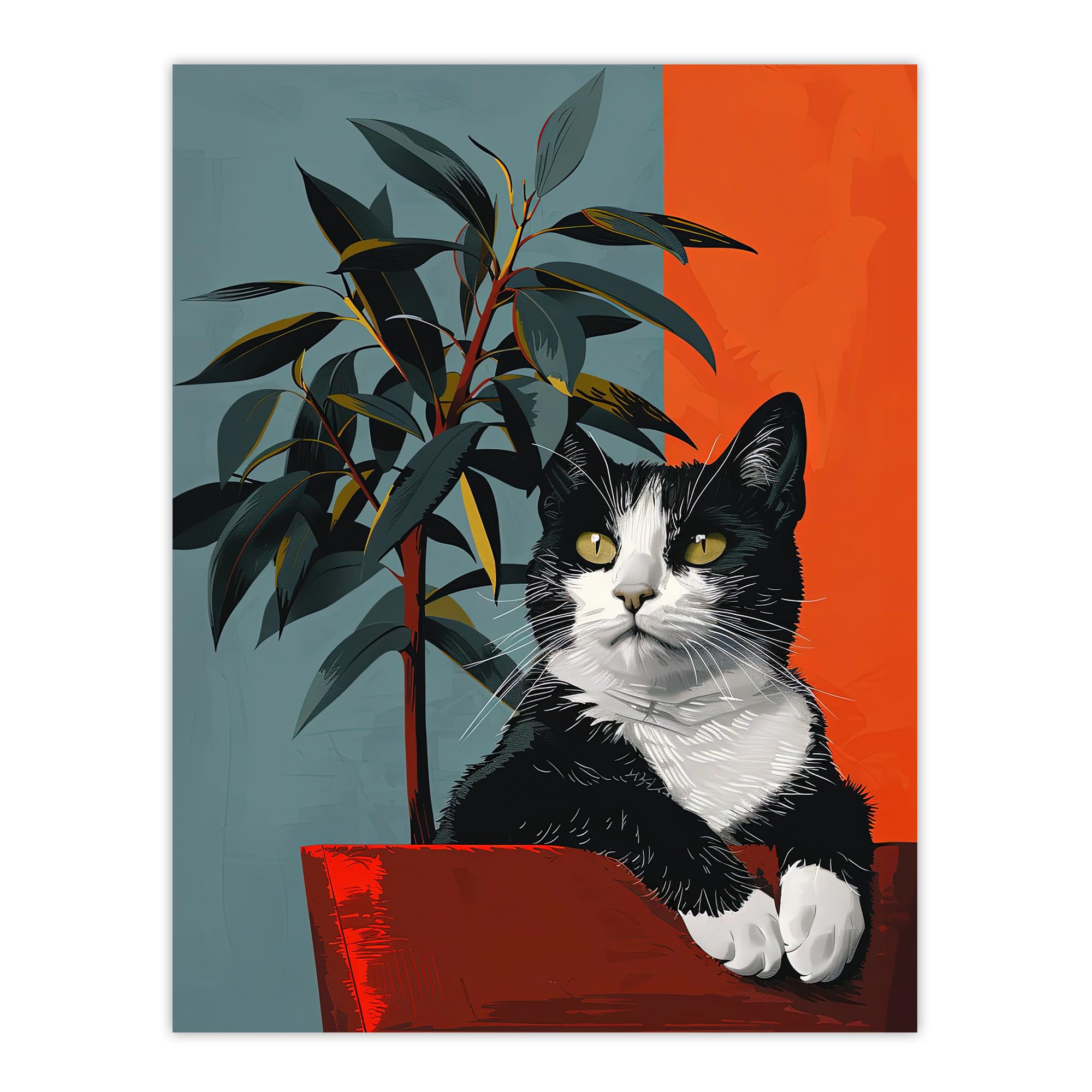 Artery8 Tuxedo Cat Portrait Sitting in Plant Pot For Living Room Extra Large XL Wall Art Poster Print