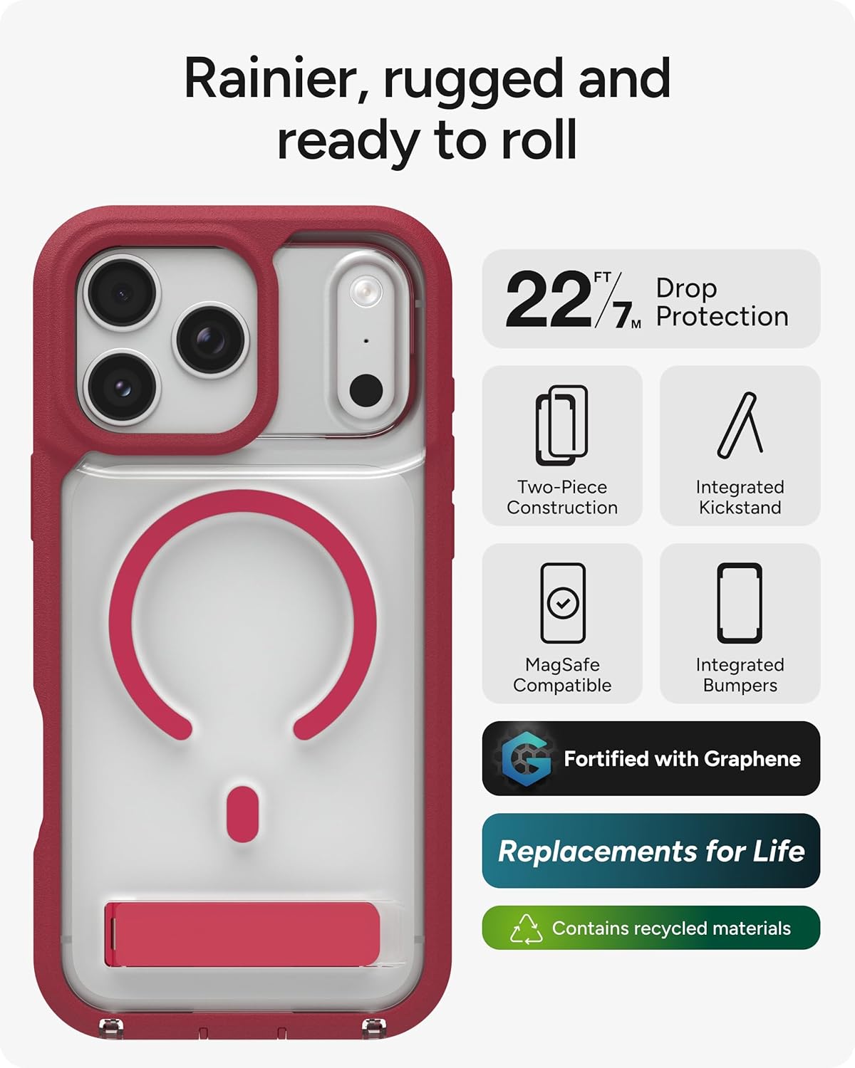 ZAGG Rainier Case with Kickstand for iPhone 17 Pro Max - Red Black Cherry, Graphene 22ft (7m) Drop Protection, Lanyard Attach Points, MagSafe, Wireless Charging Compatible, Phone Case
