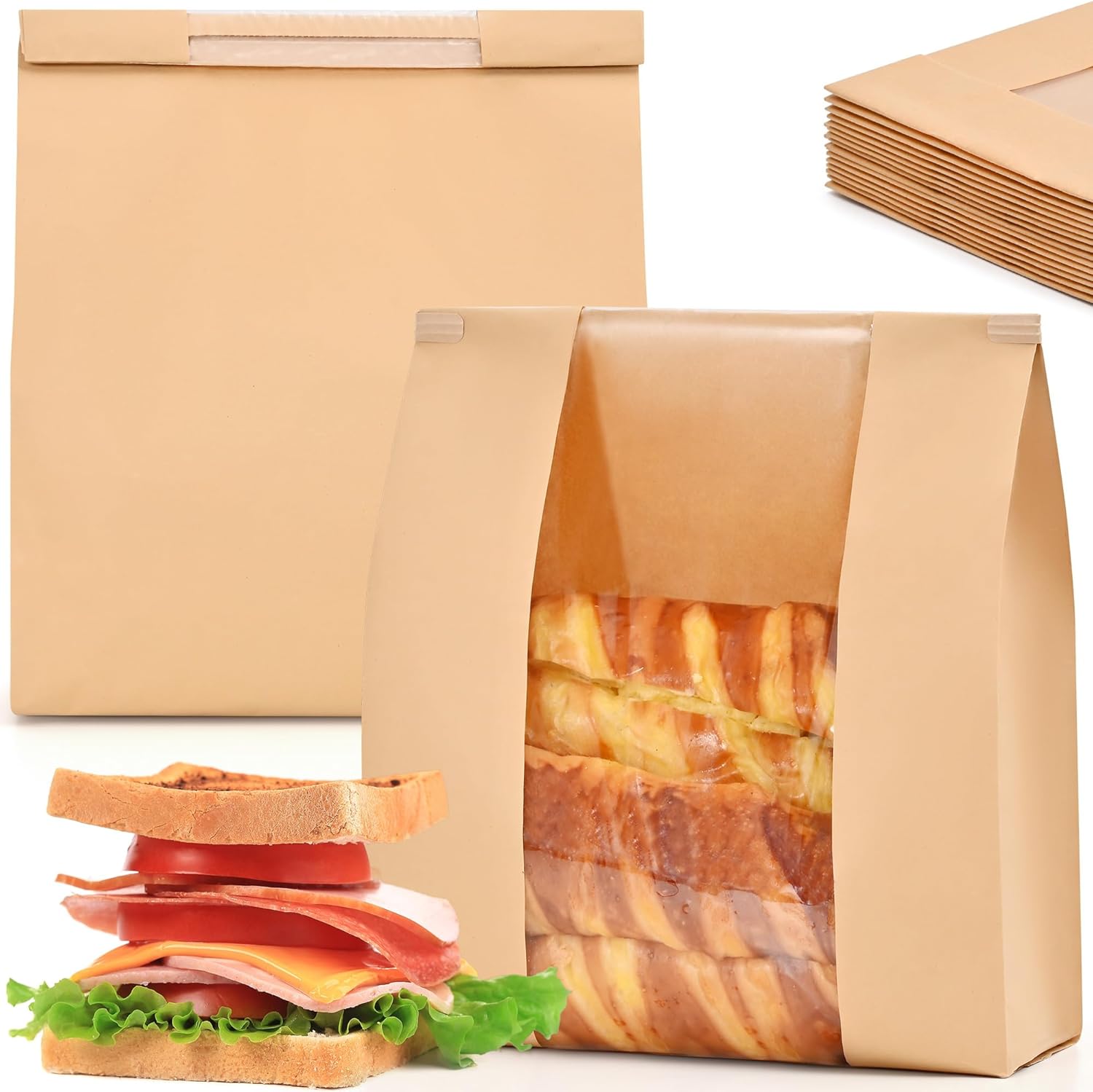 30 Pcs Large Reusable Bread Bags with Tin Tie Tab, Paper Bags with Window for Baking Food Packaging Storage (Brown, 12.5 * 8.2 * 3.9)
