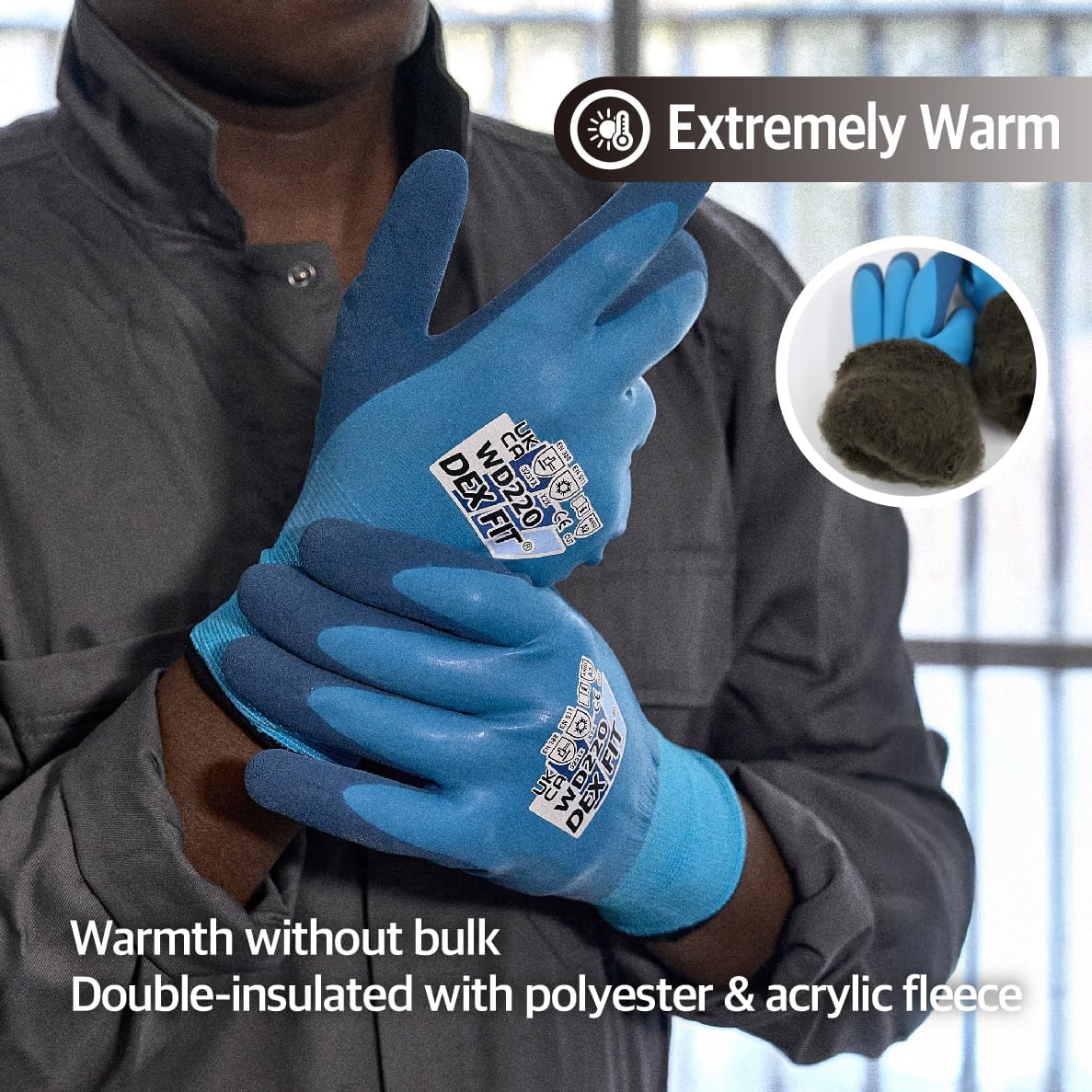 DEX FIT Waterproof Work Gloves WD220 Double, Thermal and Insulated with Warm Fleece, Comfortable and Flexible Fit, Non-slip Sandy Latex Grip, Machine Washable; Blue XL (10) 3 Pairs