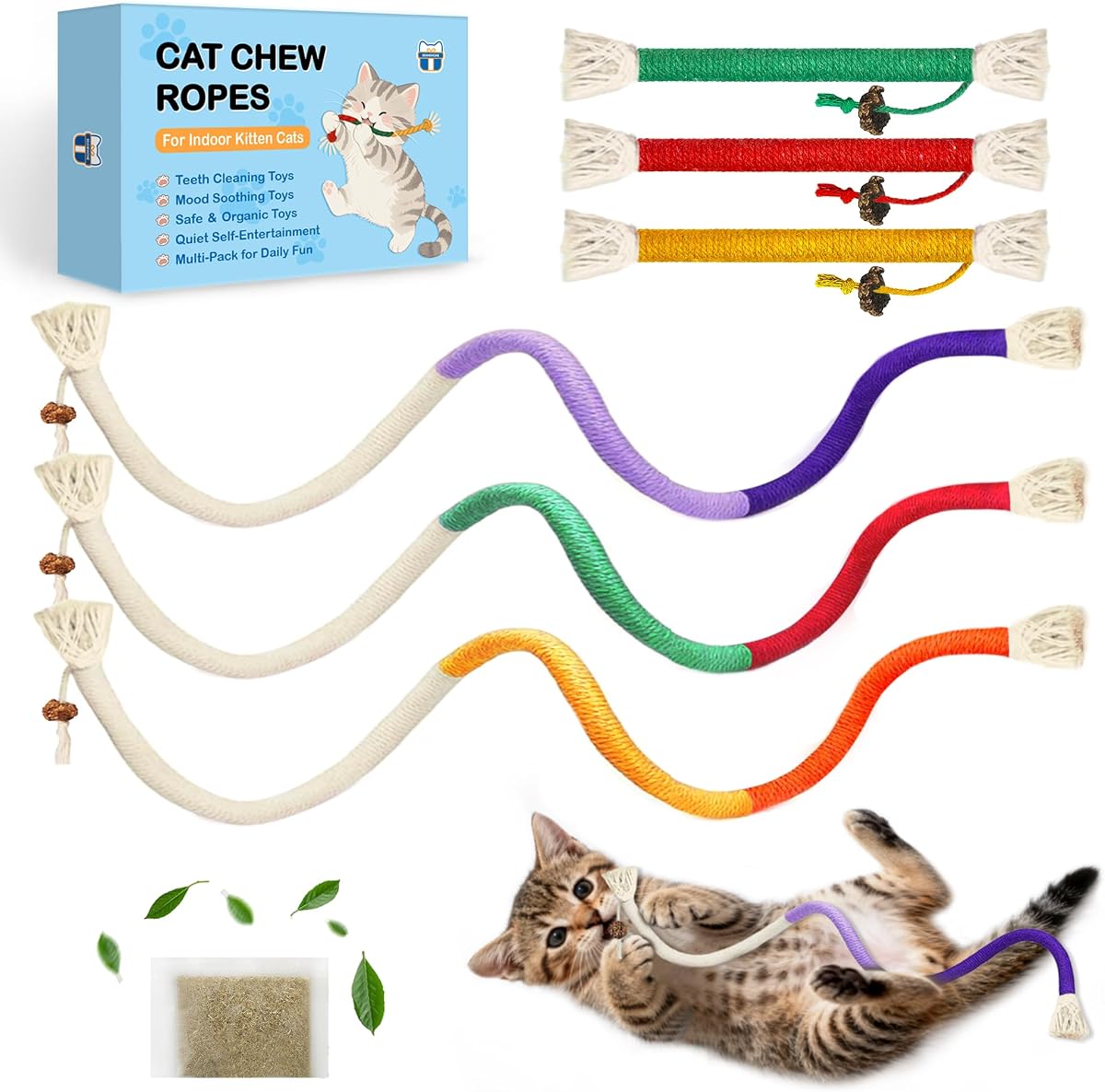 Cat Chew Rope Toys 6Pcs with Catnip, Indoor Cat Teething Toys for Kittens, Interactive Catnip Kitty Toys for All Breeds (Cats Chew Rope 6PCs)