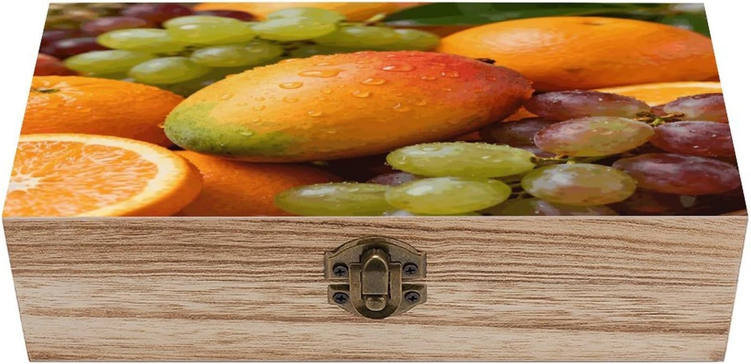 Juicy Fruits Storage Box Rectangular Wooden Decorative Case Large Capacity Jewelry Boxes with Lock Vintage Keepsake Organizer for Photos Pearl Trinkets Crafts