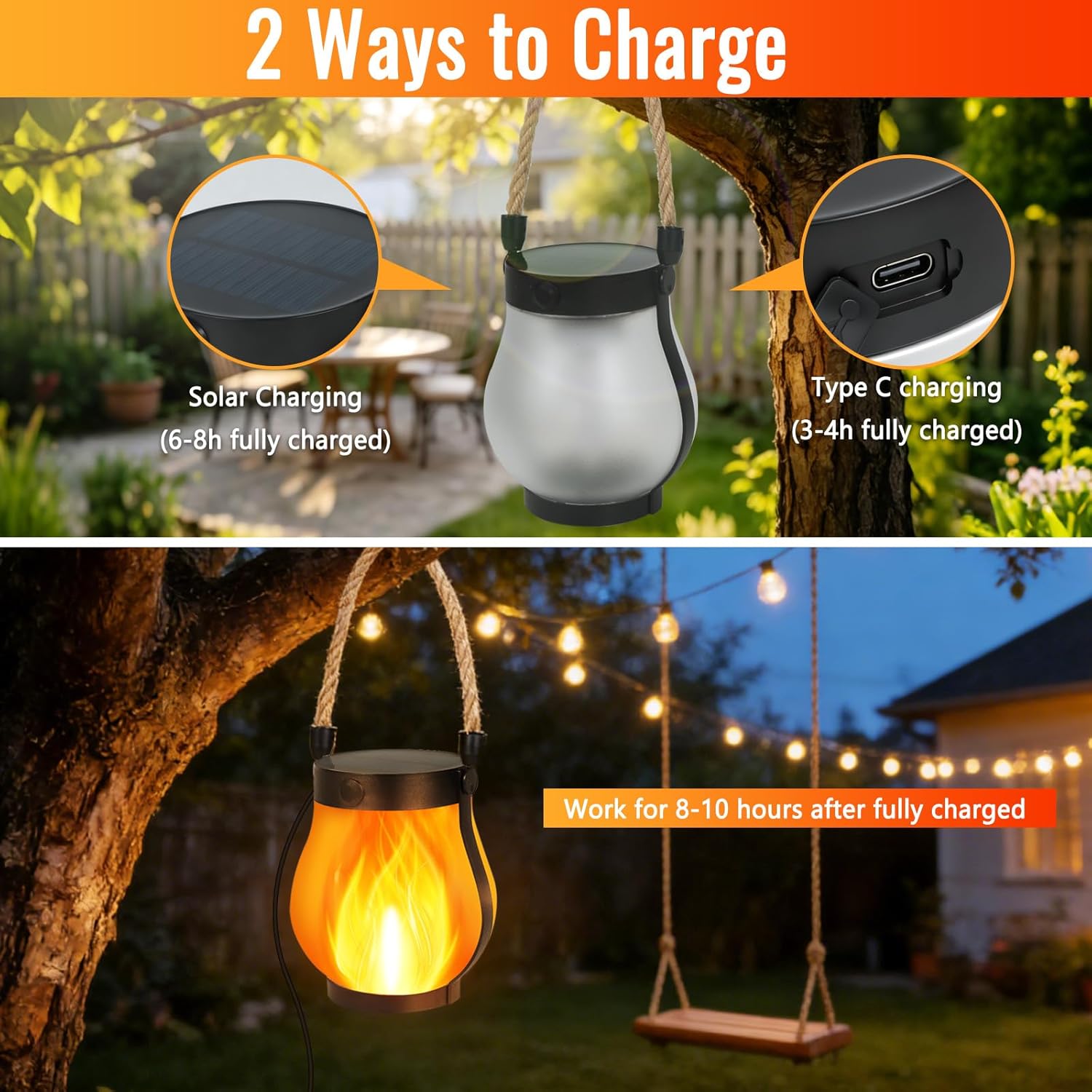 Gen2 Solar Lanterns Outdoor Waterproof, 2Pack Flickering Flame Light Hanging Solar Outdoor Lights with Dual Charging (USB/Solar) & 2 Modes for Desk Yard Patio Path Tree Garden Camping Decoration