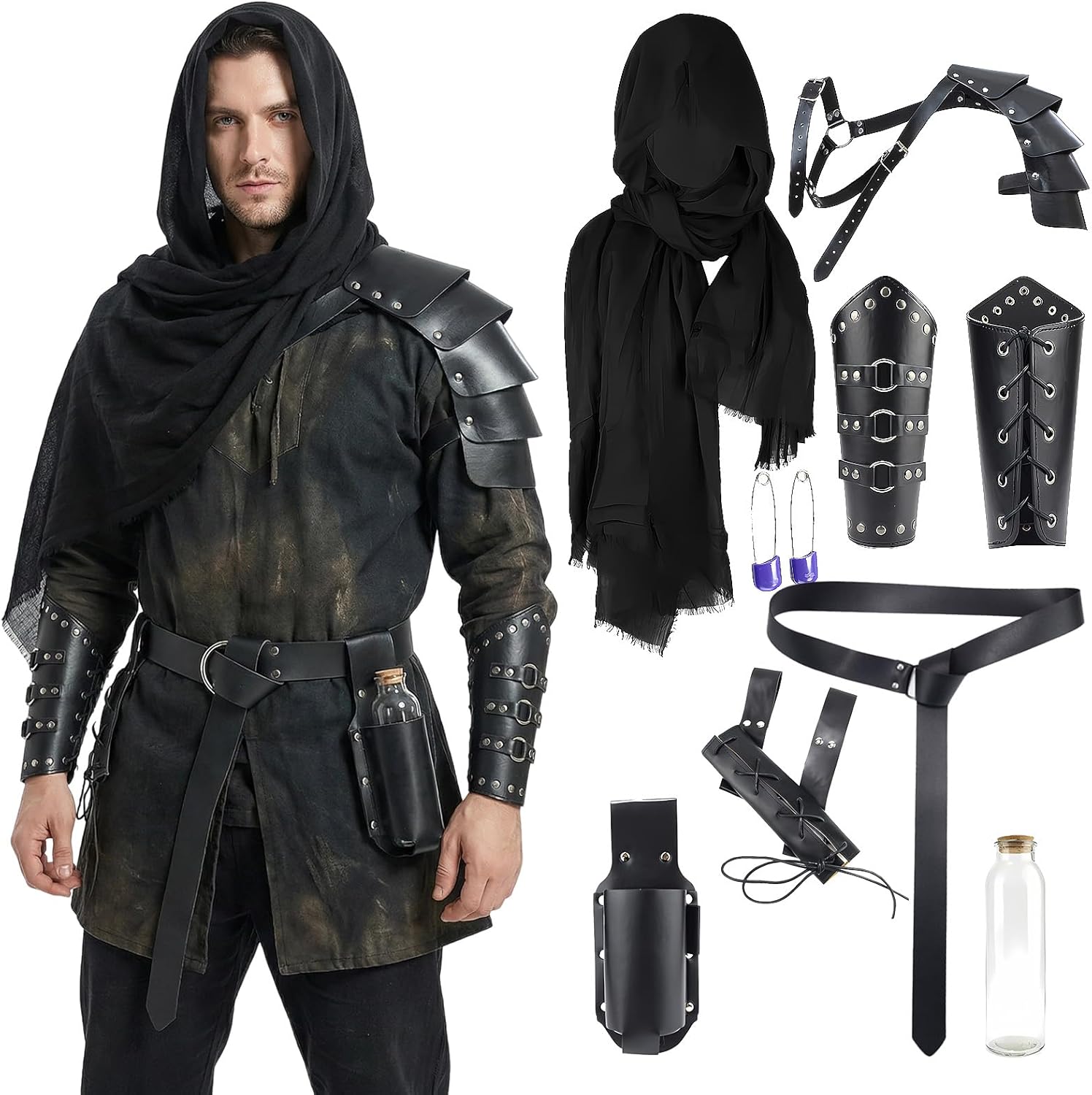 nezababycos Mens Medieval Knight Accessories Renaissance Costume Leather Shoulder Armor Bracers Belt Viking Ren Faire Cosplay