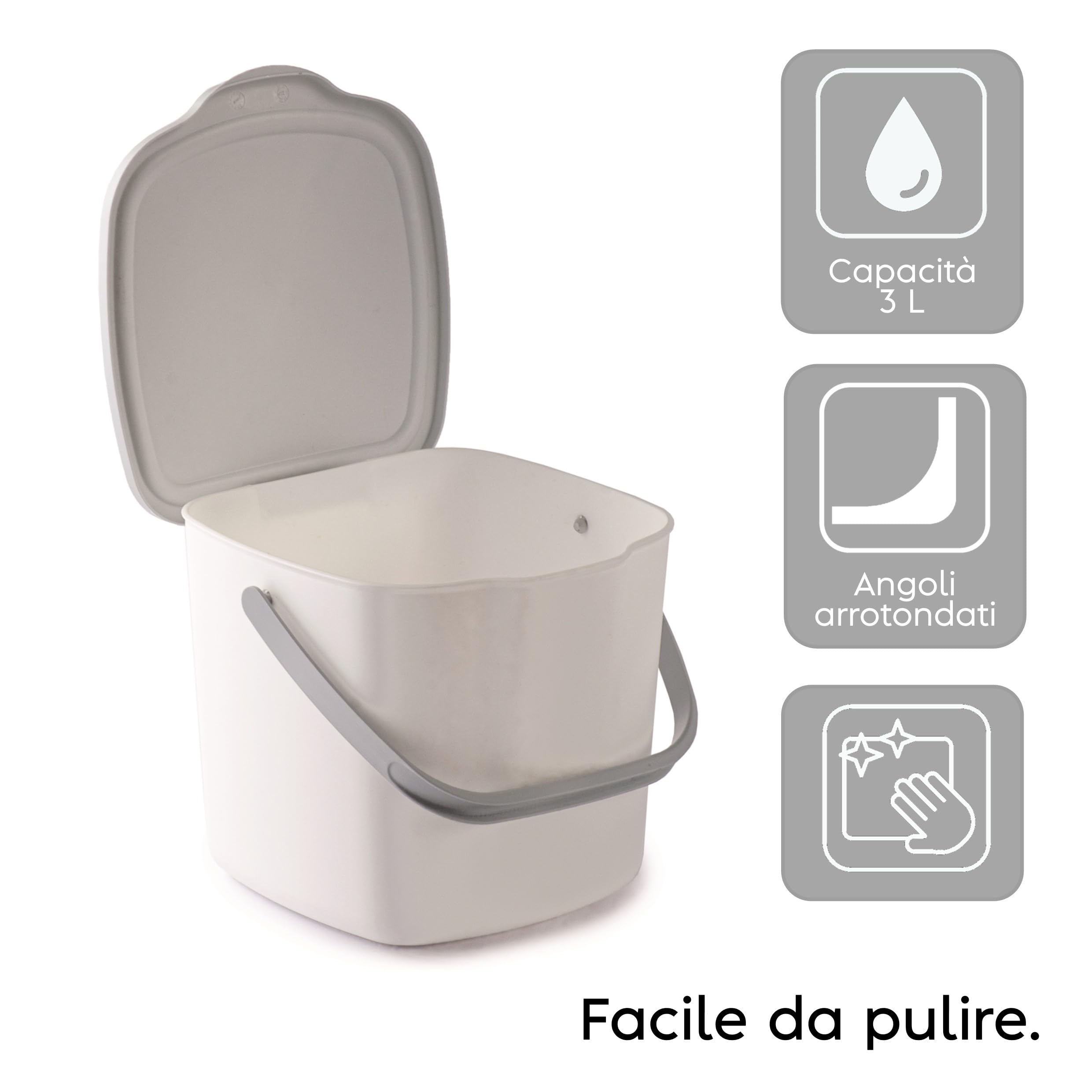 Poubelle Compost Cuisine avec Couvercle et Poignée 3L, Composteur Cuisine, 20,5 x 18,5 x 16,7 cm, Blanche Made in Italy