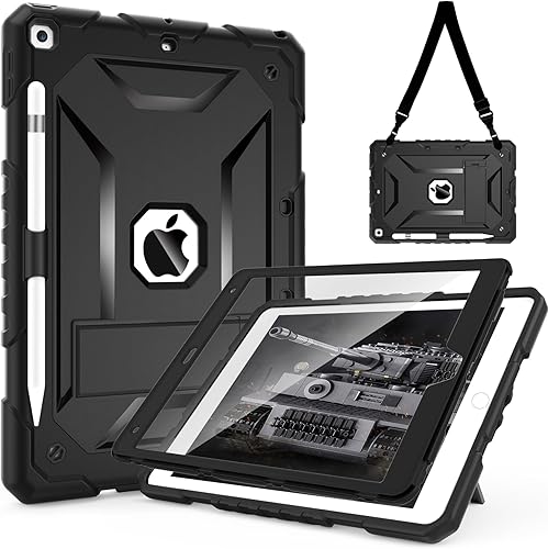TIMISM Funda protectora resistente a prueba de golpes con protector de pantalla, correa para el hombro, soporte y soporte para lápices, color negro