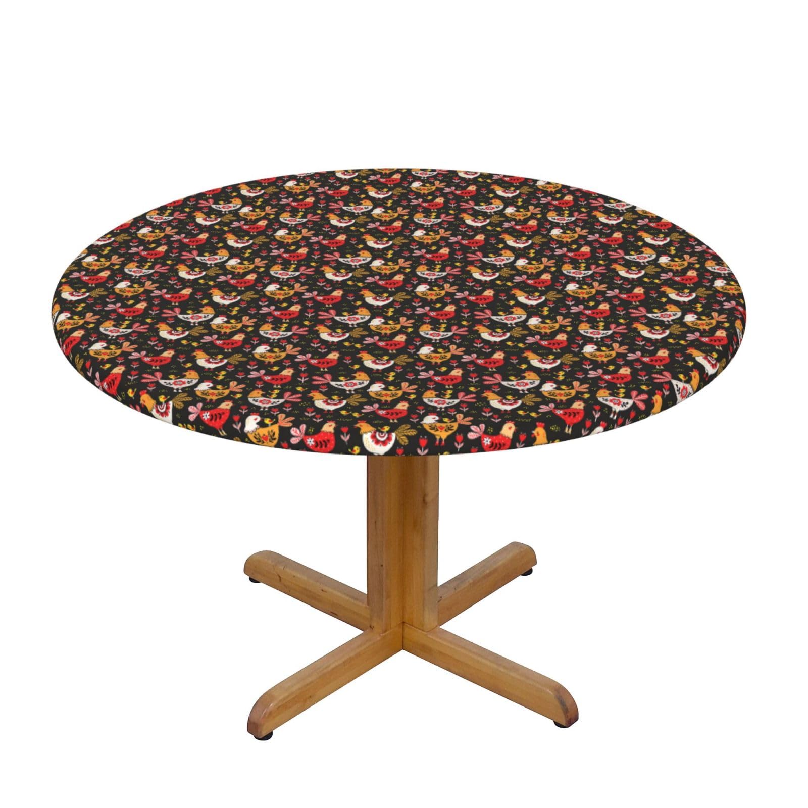 Ercgad Black Cute Rooster Chickens Print Round Tablecloth For Dining Room Wedding Party Outdoor Picnics Table Cover