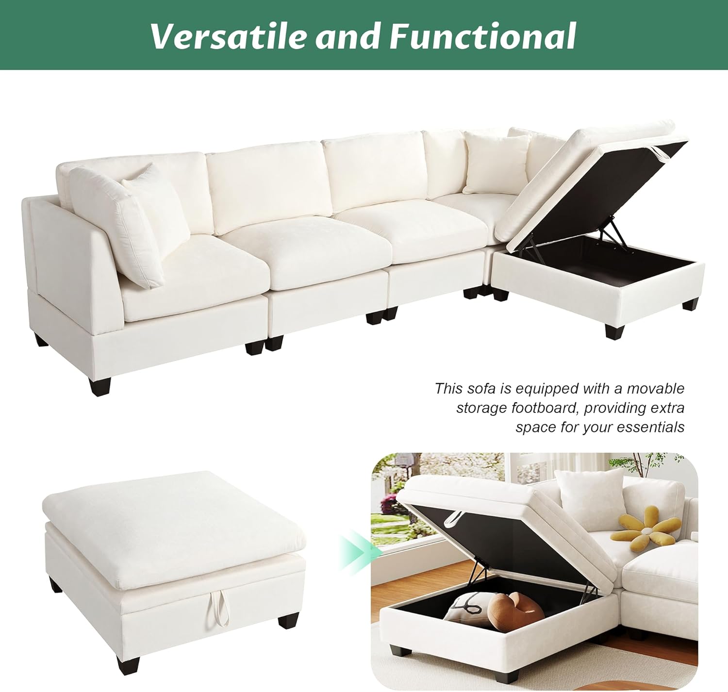Image showing the storage ottoman of the sectional sofa, both closed and with the lid open revealing storage space.