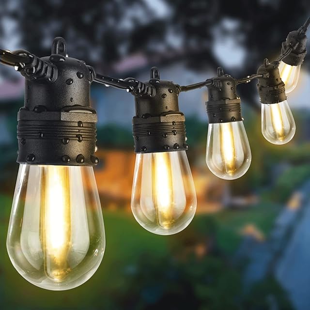 DGO Outdoor Lights Mains Powered, 48FT LED S14 Garden Festoon String Lights Gazebo Lights with15+3( Spare) Plastic Bulbs Weatherproof Dimmable for Garden Pergola Bar Wedding Party [Energy Class A+++]