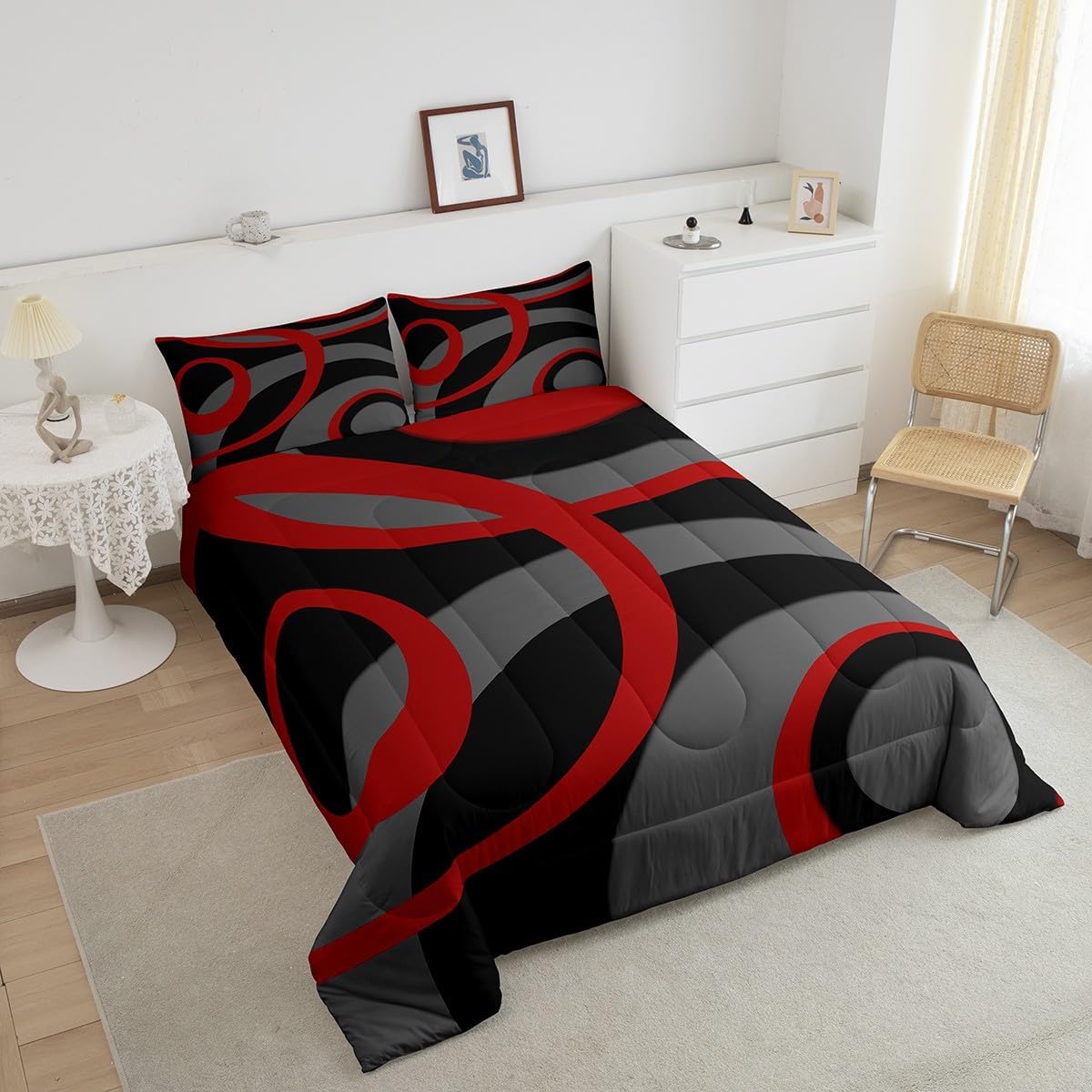 Feelyou Red Grey and Black Comforter Set Queen Size Geometric Circle Comforter for Kids Boys Girls Teens Geometrics Swirl Bedding Set Abstract Art Duvet Set Modern Luxury Room Decor Quilt Set