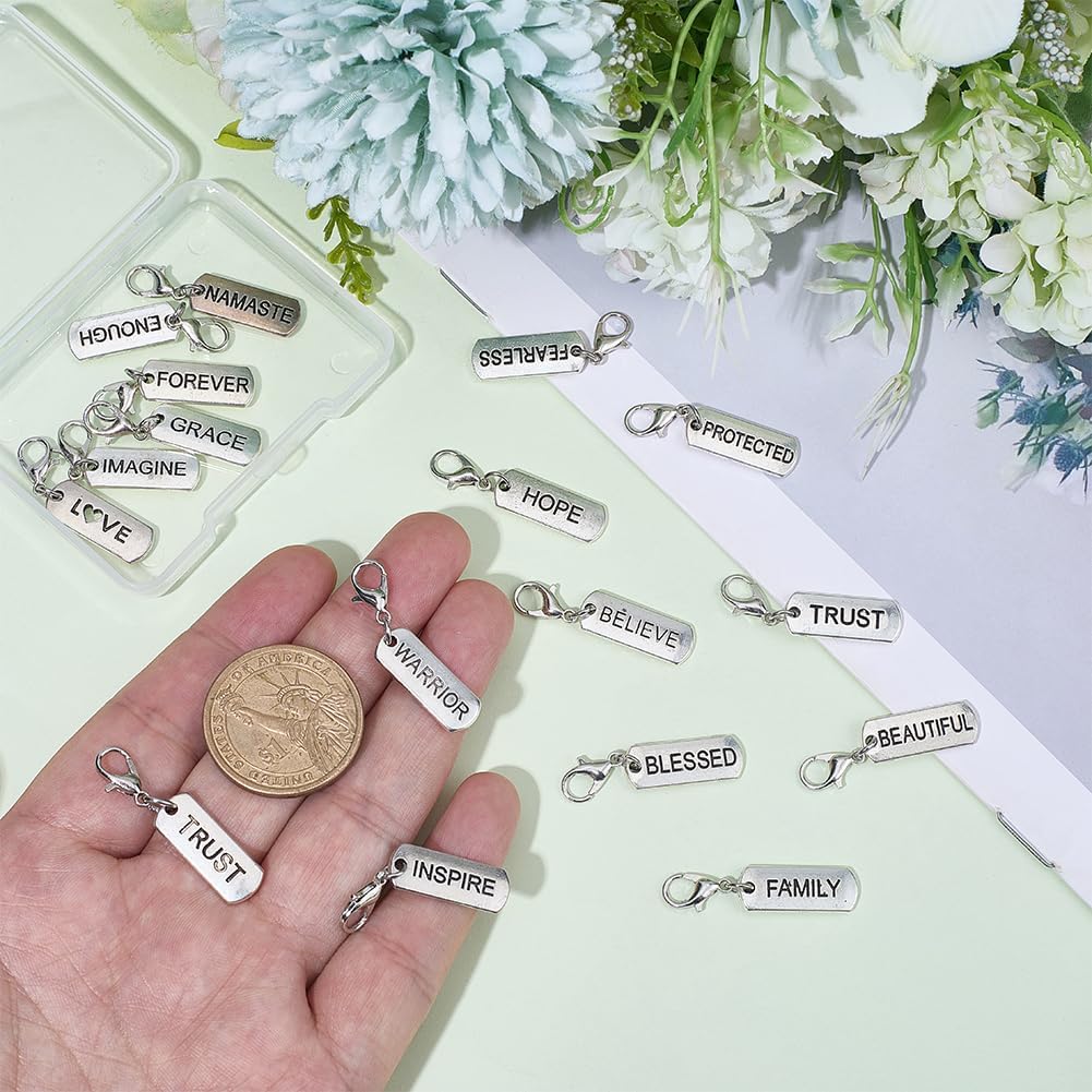 20Pcs 20 Styles Inspiration Word Charms Antique Silver Rectangle Clip on Charms Motivational Word Pendants with Lobster Claw Clasps for DIY Earrings Necklace Jewelry Making Keychain Crafts image 3
