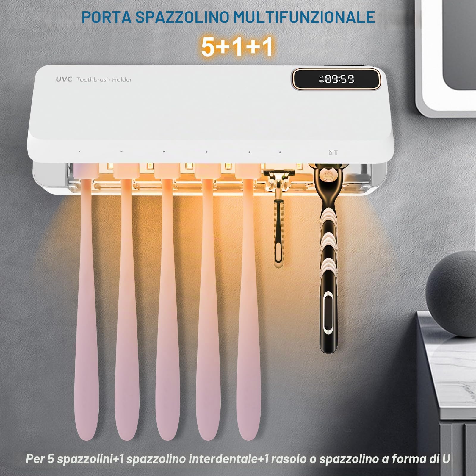 Porta Spazzolini Bagno UV, Portaspazzolino Parete, Sterilizzatore Portaspazzolino UV, Ricaricabile USB, 2000 Mah Batterie, 5+1+1 Toothbrush Slot, per i Bagni Delle Famiglie (bianco)